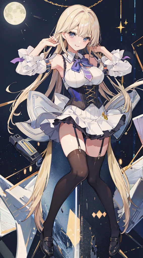 masterpiece, best quality, illustrious \(azur lane\), 1girl, blue eyes, wihte hair, very long hair, hair ornament, breasts, white dress, detached collar, bare shoulders, navel, elbow gloves, mole under eye, white footwear, full body,