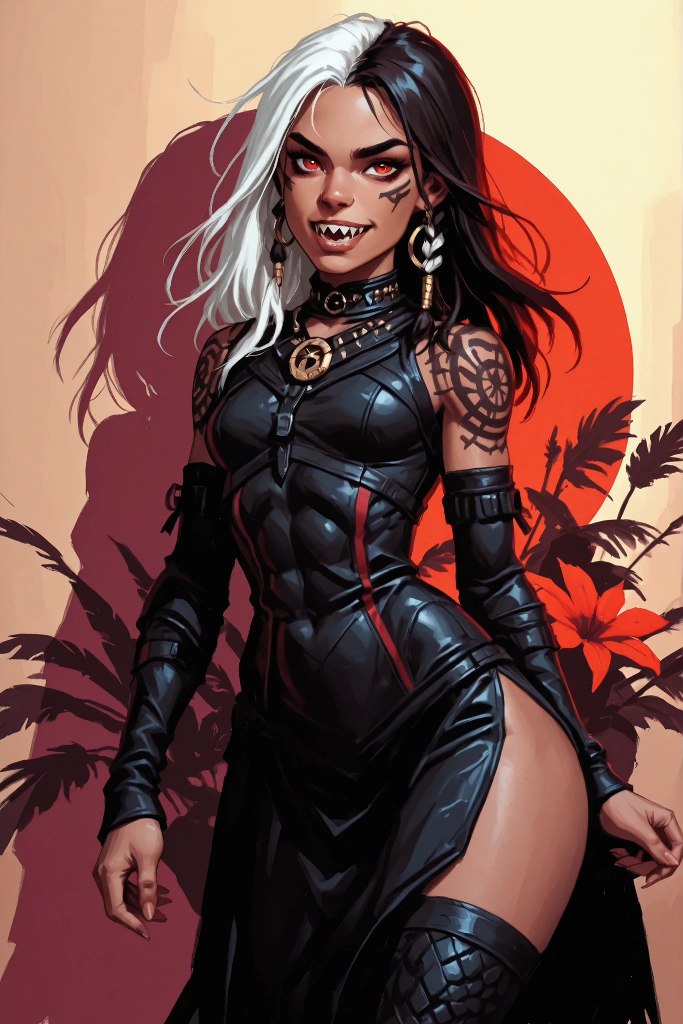 Drawn like the artist Bob Kehl. The indiginous (Inca) girl has white and dark hair, darker skin, red-coloured eyes, with sharp teeth, athletic body and abs. White highlights in her braid. She wears Aztec leather outfit with snakeskin-texture. She has small . Atmospheric lighting. Darker colours. She looks like Wednesday Adams. Box-art. Semi-realistic style.