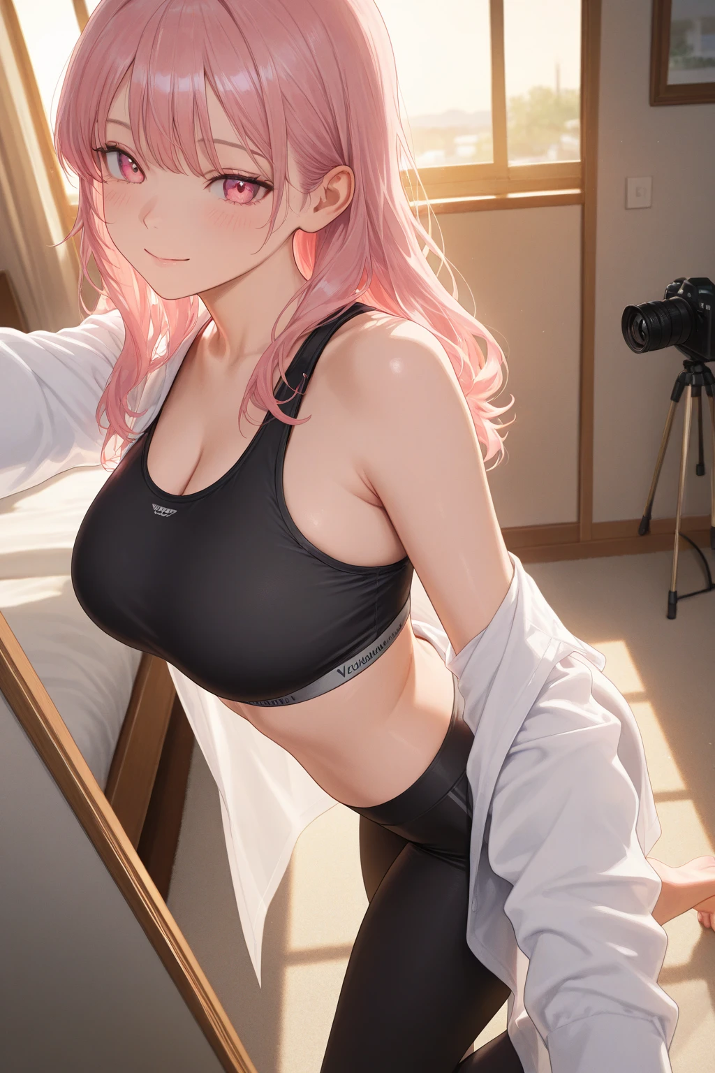 Masterpiece, stunning realistic, best quality, Sharpness, 1 girl,perfect round ass,amrs behind back,standing in a modern house,tanktop,skinny jeans,pink straight hair,bobcut,pink eyes,middle large boobs,from the back