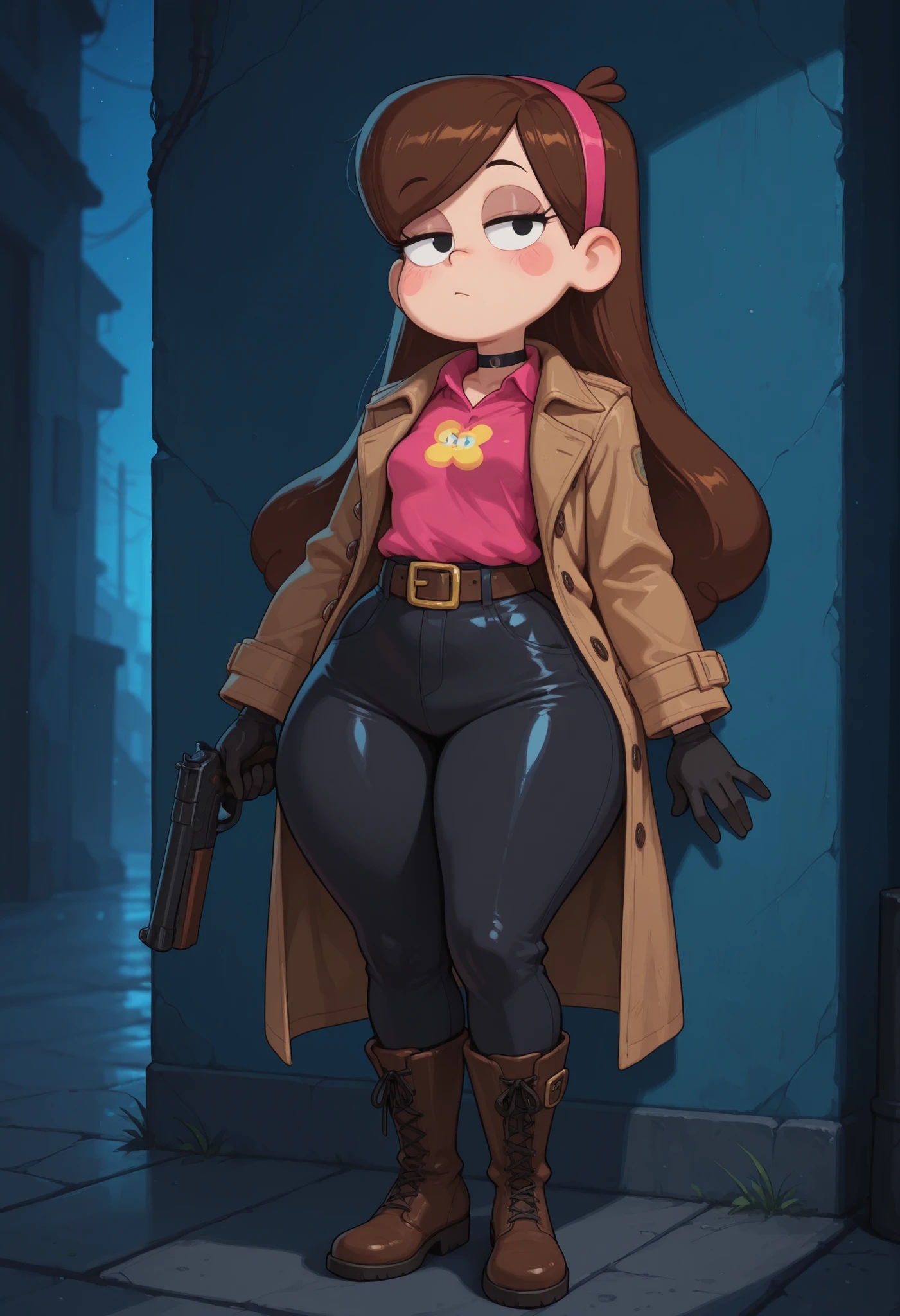 Mabel Pines, blush stickers, brown hair. black eyes. half-closed eyes, small breasts, huge hips. long eyelashes, choker. | 1girl, dark alley, back to wall, night, holding weapon, gun, wide hips, pamistyle, blue, pants, trench coat, leather coat, boots, black pants, belt, black gloves, collared shirt, goth fashion, intricate clothing