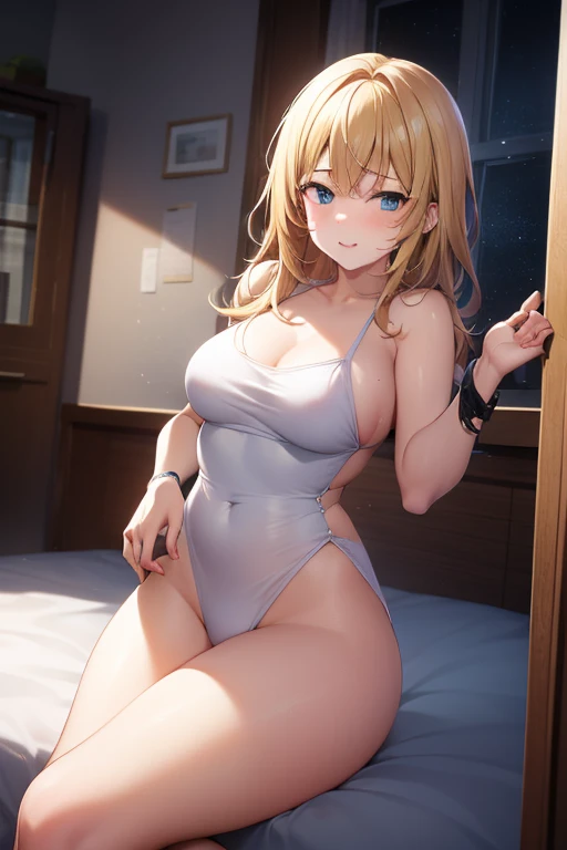 Shooting on the bed,Photograph the whole body,One girl、Marine Kitagawa, Masuzu Kitagawa Popochichi, Blonde Hair, Choker, Ear Piercing, 珰, Medium Hair,Twin tails,Wearing piercings, (Red Eyes:1.5), Straight Hair, Swept bangs, Gradient Hair,Blonde to pink hair,Beautiful Skin,Big Breasts,Cleavage,School Swimsuit,Navy blue swimsuit,Swimsuit,Swimsuit
