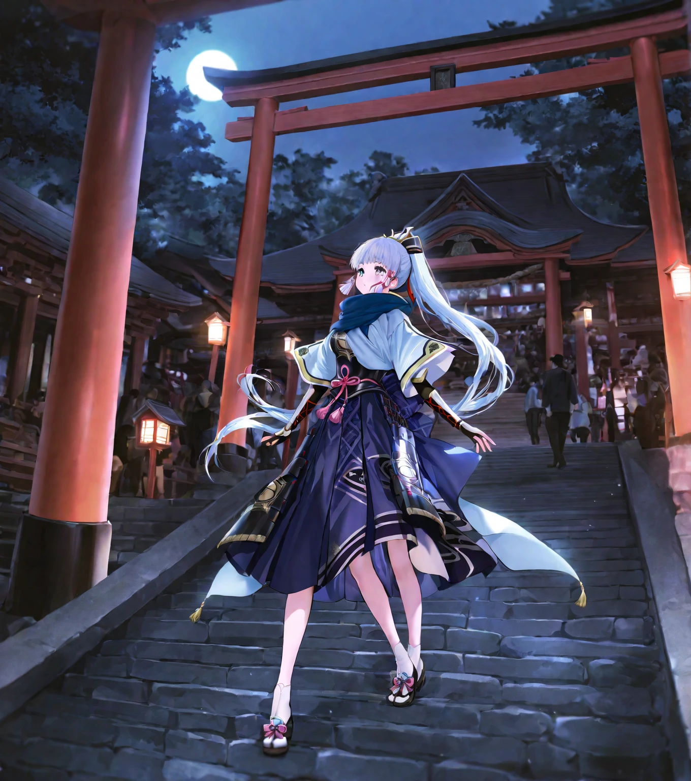 Anime girl with umbrella standing on steps in front of a city - SeaArt AI