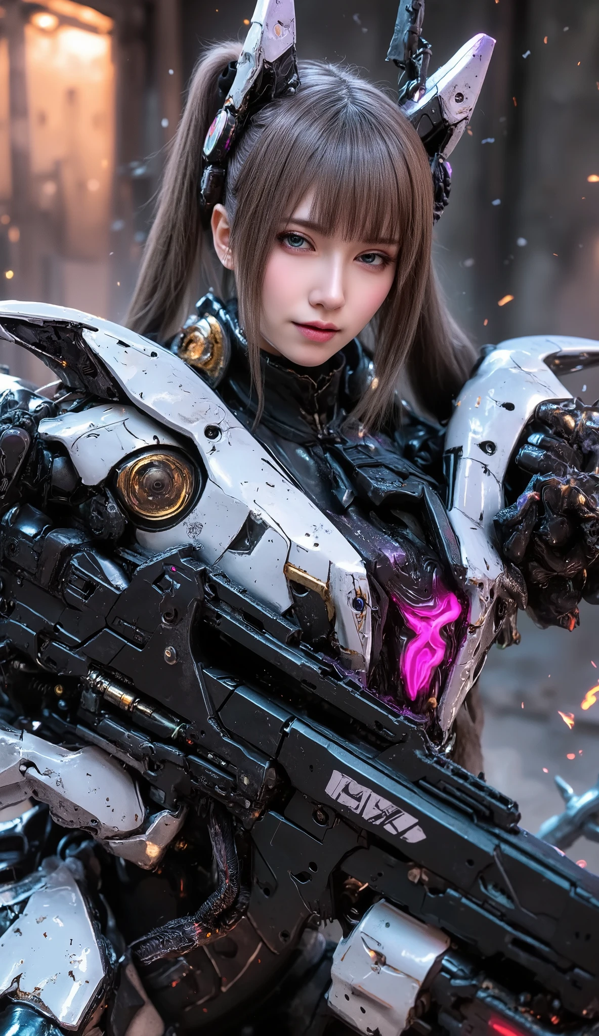 Beautiful Korean woman with wet long grey hair, serious and intense pose, wearing futuristic black mechanical energy armor with purple LED lights. Battle damaged and decayed black armor with dirt and scratches, holding a large futuristic rifle in a firing pose, aiming and firing pose, tactical combat position, intricately detailed mechanical arm gloves and leg armor. Cyberpunk sci-fi scene, post-apocalyptic industrial background, sparks and embers floating in mid air, stunning cinematic lighting with warm orange glow. Realistic, Highly Detailed, 4K Quality, Robot Suit Aesthetics, Decayed White Armor, Red Glowing Details, Industrial Deserted Environment, Military Tactical Equipment.
