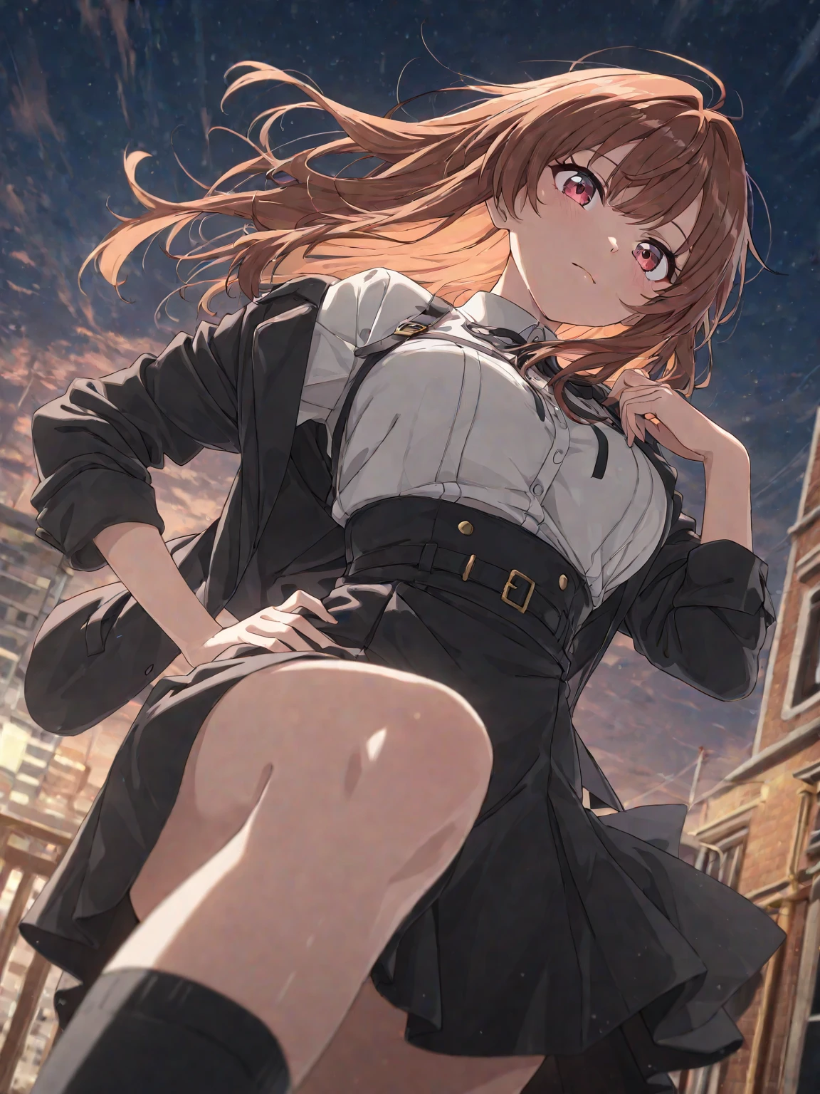 1girl, boyriding, a (boy) is riding a girl, (coat), reins, collar, carrying, piggyback, outdoors, evening, night, alley, (((masterpiece))),bestquality, full body, standing, (red eyes), (plum blossom shaped eyes), (beautifuldetailedeyes),cute face, aqua eyes, looking at viewer,expressionless eyes, crying with eyes open, tears,sad, frown, closed mouth, navy blue serafuku, pleated_skirt, white thighhighs, uwabaki, earrings, necklace, dusk, sunset, sky, cityscape, landscape, beautiful detailed sky, 1boy, smile, brown hair, crimson eyes