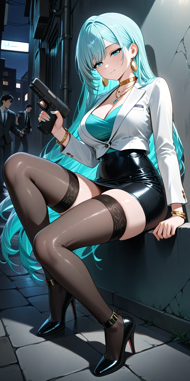 Girl, red lips, long hair, black hair colors, blue eyeball colors, big nose, big tits, big right nipple, big left nipple, fair skin, white office clothes colors, black office skirt colors, black stockin colors, black high heels colors, wearing earrings, wearing a watch, sexy body, squat pose, elegant pose, beautiful girl, in room, realistic
