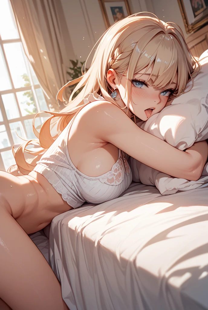 ((Best quality, 8K, Masterpiece :1.3)), Beautuful Women, 1woman, huge tit:1.3, ( slim toned body,very skinny:1.5),  blonde hair, (all fours, on luxury bed,  a low rise mini skirt:1.3 ), Ultra-fine face, Detailed lips, A detailed eye，See-through pantyhose,cutout between underboob、covered erectile nipples,I can see the belly button,((((vulgarity)))),