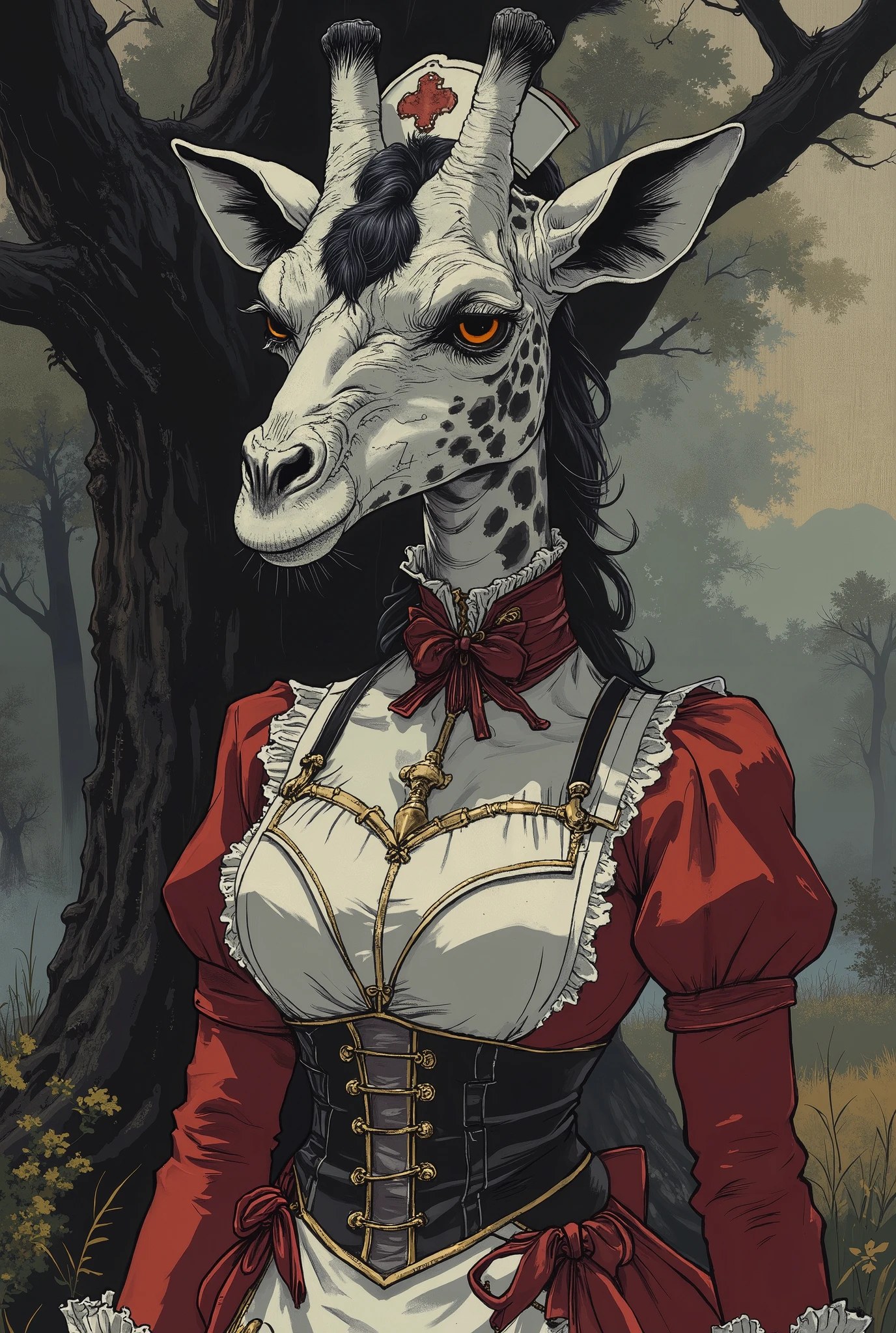 araffe dressed in a red and white costume standing in front of a tree, close - fitting nurse costume, nurse costume, very sexy devil outfit, nurse girl, alluring and terrifying, high quality costume, macabre w- 768, nurse, unusual, nurse uniform, sweet, high quality theatre costume, frightening, wondrous, red and black costume!!!