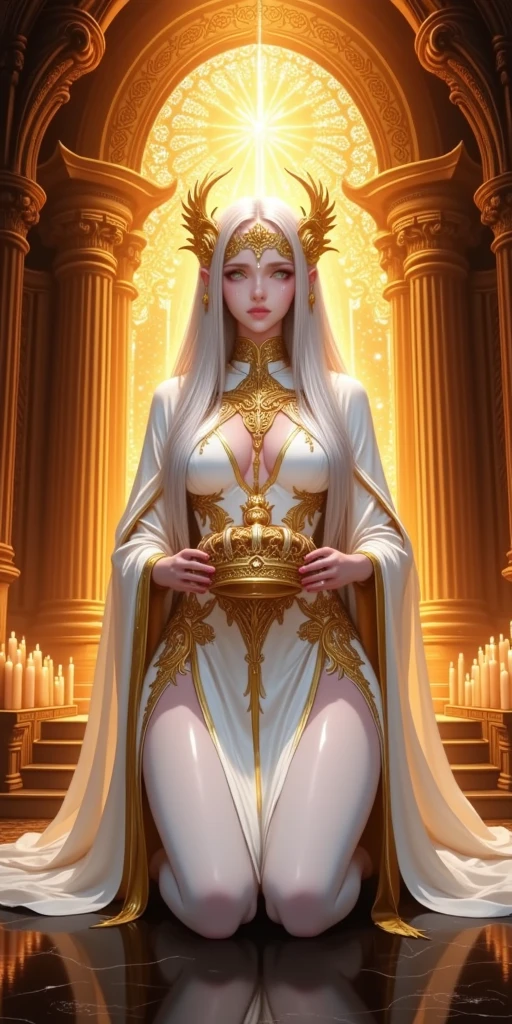 (masterpiece:1.2),8k,highres,best quality,(a beautiful palace),(beautiful Queen),crown,choker,(luxurious costumes:1.2),smile,(pureerosface v1:1.5),(perfect female body),modest exposure,elegant clothes,(gold clothes:1.2),luxurious,luxurious decorations,(narrow waist:1.1),(huge breasts:0.5),
put on a robe,long hair,silver hair,light on face,looking at me,<lora:PerfectFullBreasts-fCV3.5:1>,