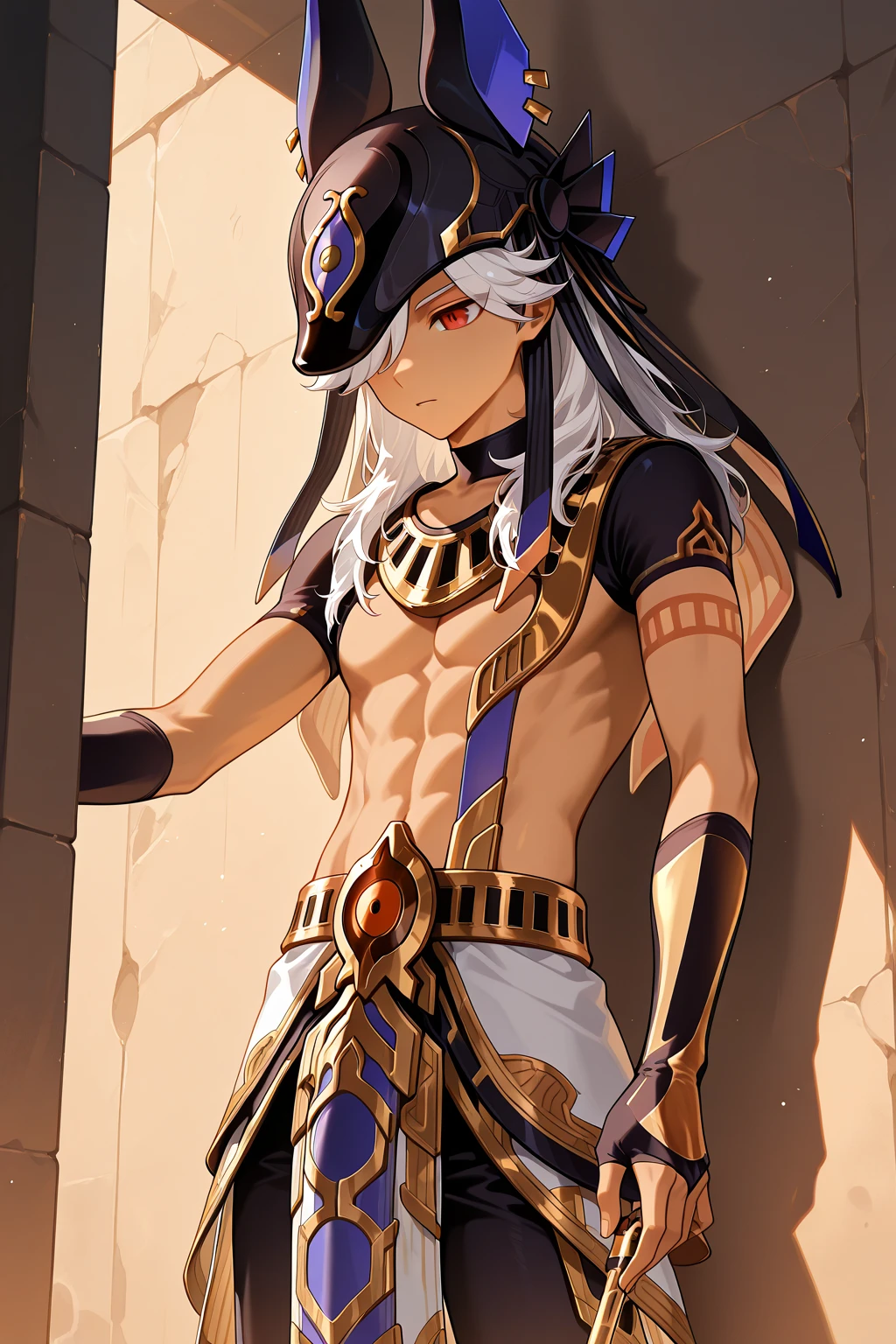 1boy, cyno, anubis hat, animal hat, loincloth, platinum hair, red eyes, looking at viewer, serious, anime, professional lights <lora:cyno:0.8>, sand, detailed face, cowboy shot