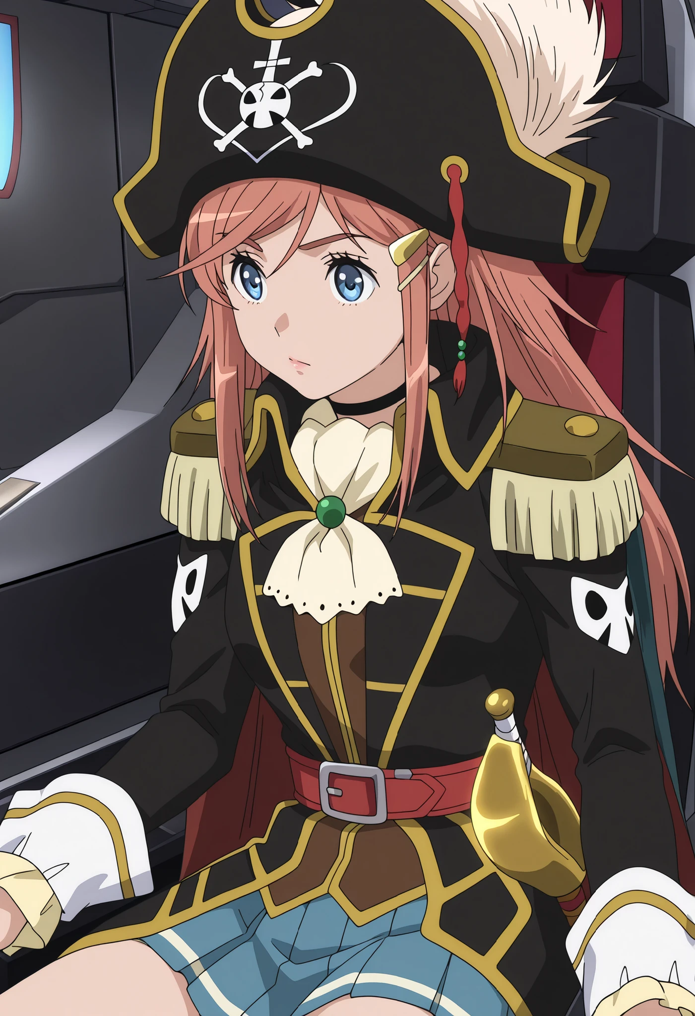masterpiece, best quality, very aesthetic, absurdres, 1girl, solo,
Kato_Marika, marika_pirates1, brown hair, long hair, blue eyes, hairclip,
pirate, pirate hat, hat feather, multicolored cape, red cape, black cape, epaulettes, black choker, white ascot, red belt, blue skirt, plated skirt ,closed mouth,glossy lips,thigh ,medium breast ,from front ,sitting , cockpit ,operating pose ,cowboy shot