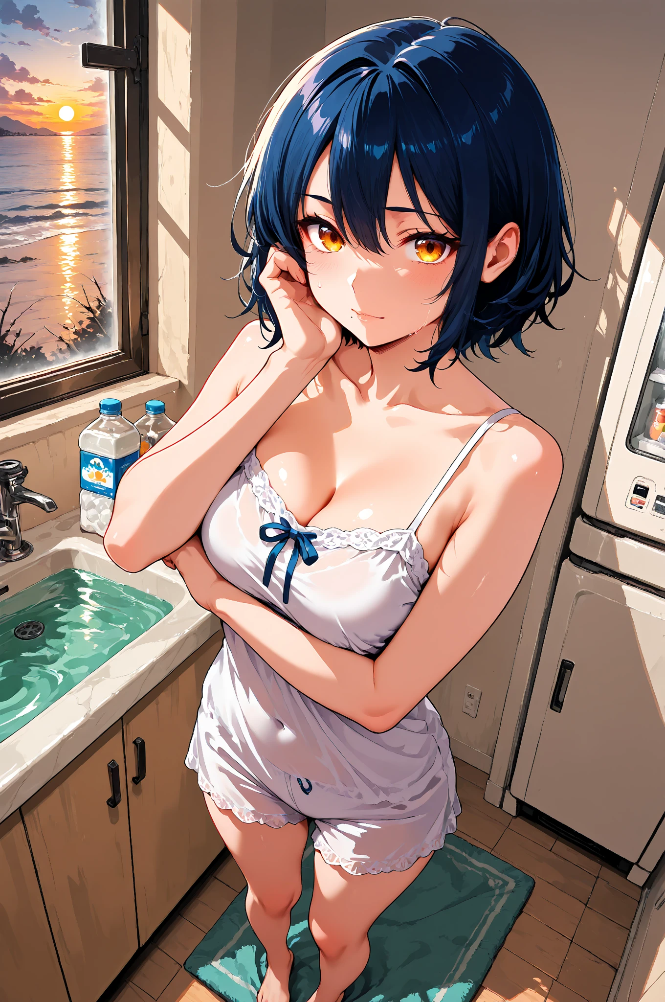 Dark Haired Girl, Light blue micro bikini and white low apron, Small Hips, Large Breasts