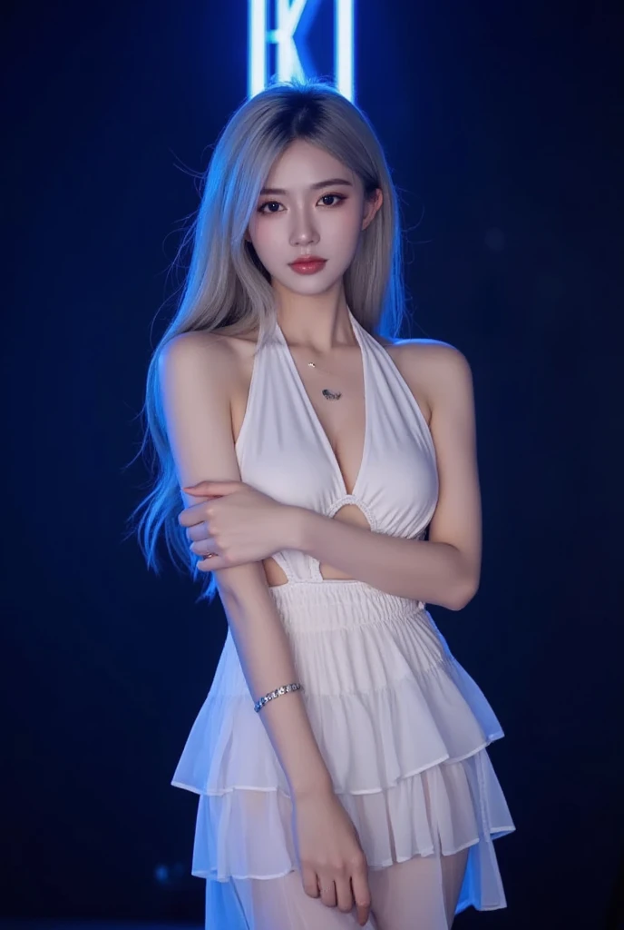 (skindentation:1.2), (realistic:1.1), best quality, photorealistic, bokeh, caustics, 1 girl, white hair, wearing white dress, long hair, soft light, makeup, red lips, standing, dynamic pose, medium breasts, night club, bar, night city view, concert