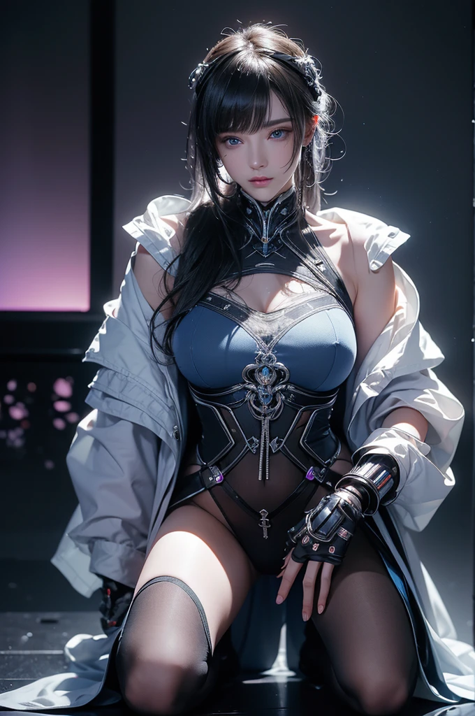 masterpiece, Highest quality, Very detailed, To the camera, 複雑に詳細なVery detailed, Realistic, Sharp features, Very detailed, Sharp focus, Perfect Face, Perfect Face, Perfect symmetry and perfect eyes, Perfect Plump Lips, Flexible female form, Cinematic, Film Light, Very detailed, hyper Realistic, masterpiece, Atmospheric, High resolution, Vibrant, Dynamic Studio Lighting, ((Dark Background)), The expression when enduring pleasure, Straight bangs, blue eyes,Kneeling with hands on crotch、Butt、Sexually aroused expressions、No clothes、NSFW,((top quality、8k、masterpiece:1.3))Wears a silver-white mech,girl with delicate face,Highest image quality,Ultra-clear,Delicate and clear facial features,end of the world,Mechanical arm,Exquisitely detailed mechanical pattern,Cyberpunk characters、numbercity、number、century、throne