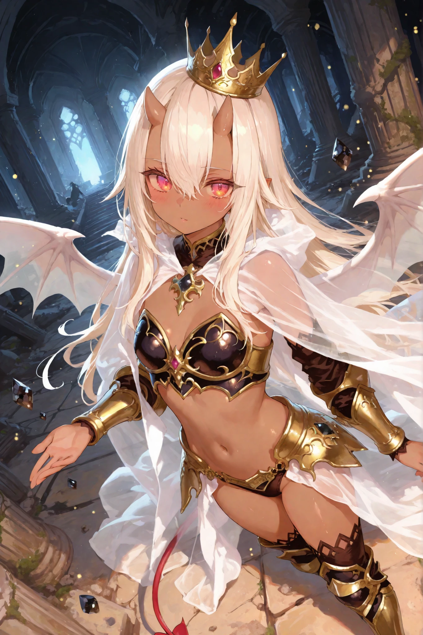 ((best quality)), ((Artwork)), (detailded), 1 girl, Dragon woman, cabellos largos dorados, golden armour, Golden Dragon Knight, golden wings, pinky skin, Eyes red, legs thick, blush cheeks, golden giant sword
