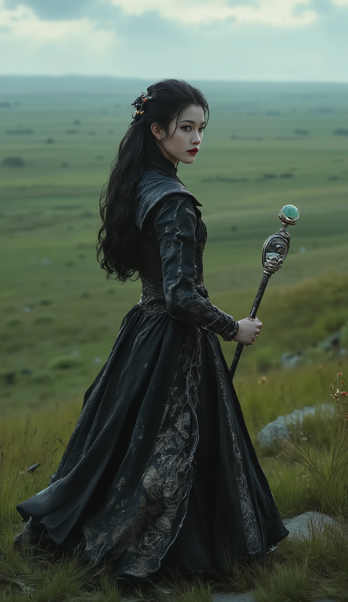 score_9, score_8_up, score_7_up,(hyper-realistic),(Asymmetrical Composition),(full view),{{{top quality}}} , {{Super Detailed}} , {{very delicate and beautiful}}, (masterpiece, UHD,8K,16K),
A female magician with black medium long hair, green eyes, around 25 years old, beautiful appearance, fair skin, holding a platinum staff and jade staff. In the early morning, in a grassland area with numerous low hills, she stood on a small hill. You can see the vast plain in the distance.
intricate details , natural light, diffused light, dramatic ambient