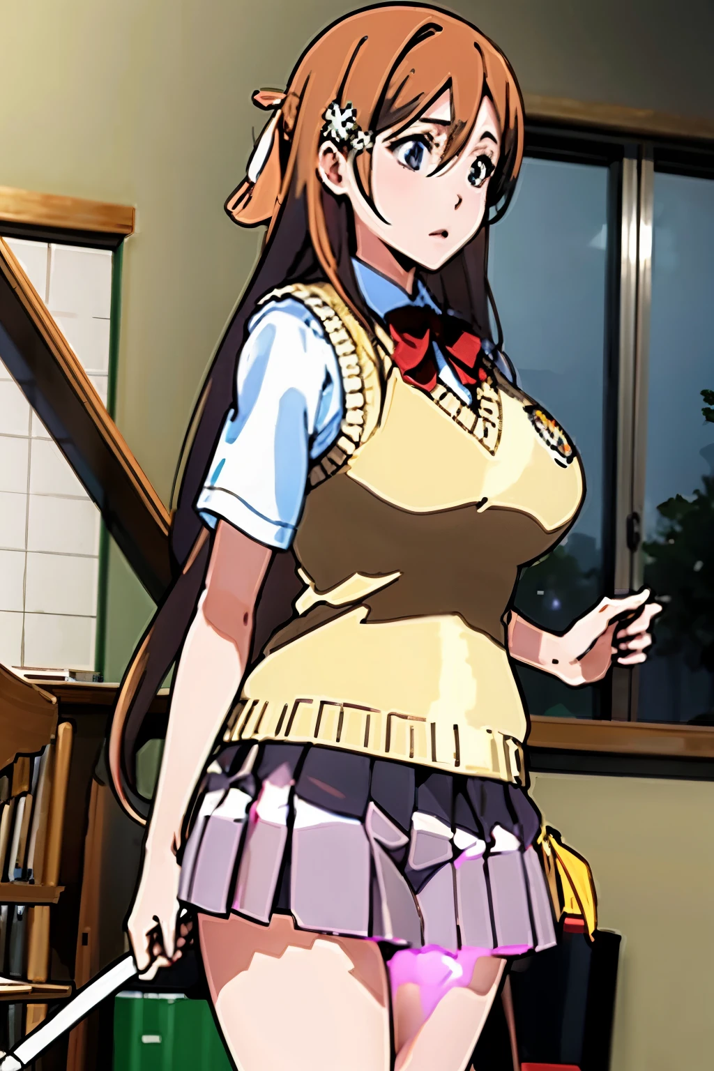 (Highest Quality, Super Detailed), Ohime Inoumi, オレンジ色の髪, long hair, grey eyes, big breasts, School Uniform,hair ornaments, sweater vest, Overflowing Advance, panties、valley