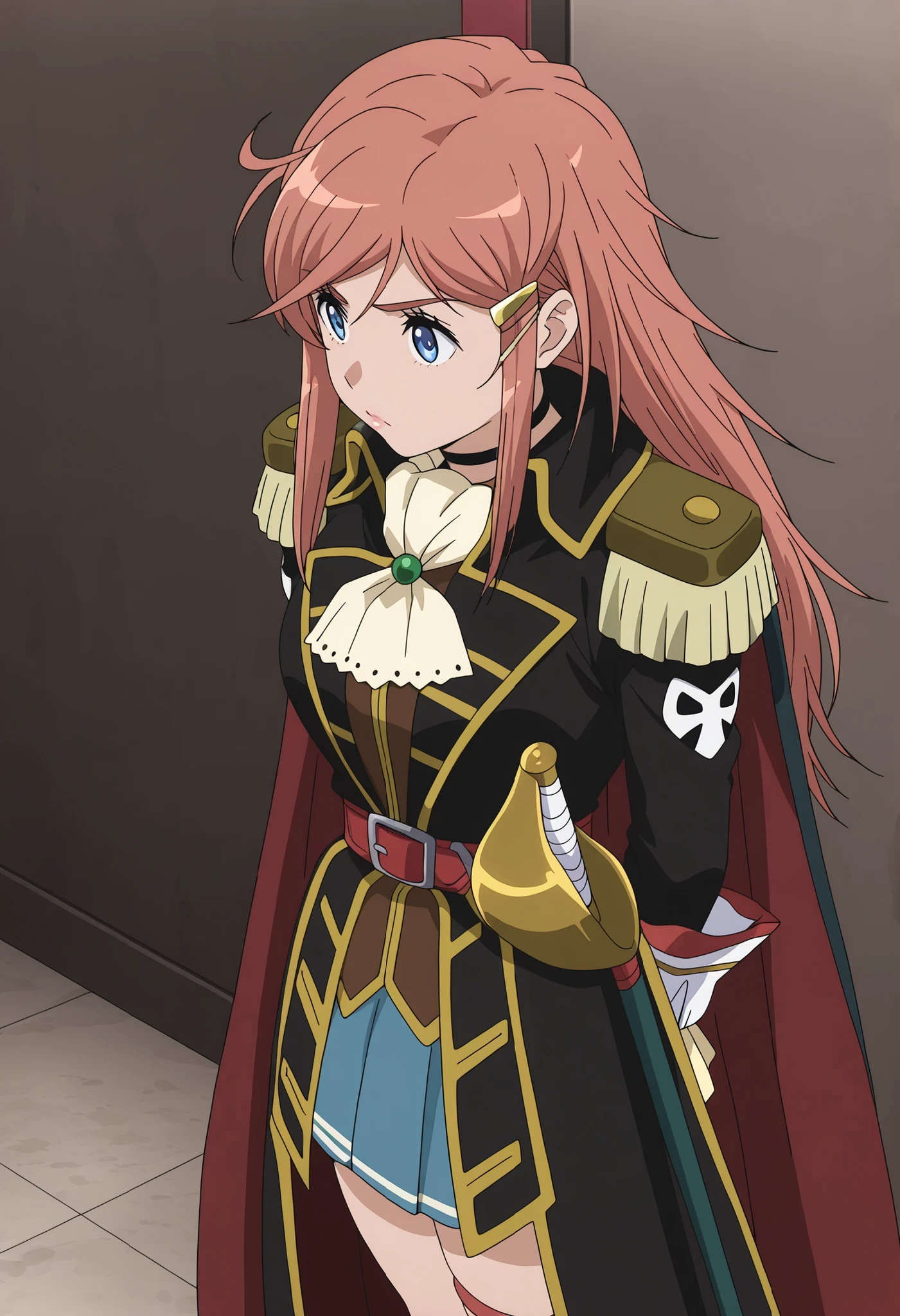 masterpiece, best quality, very aesthetic, absurdres, 1girl, solo,
kato_marika, marika_pirates1, brown hair, long hair, blue eyes, hairclip,
pirate, multicolored cape, red cape, black cape, epaulettes, black choker, white ascot, red belt, blue skirt, plated skirt, serious , thigh,knee ,closed mouth,glossy lips, arms behind back,large breast (from side:0.6),