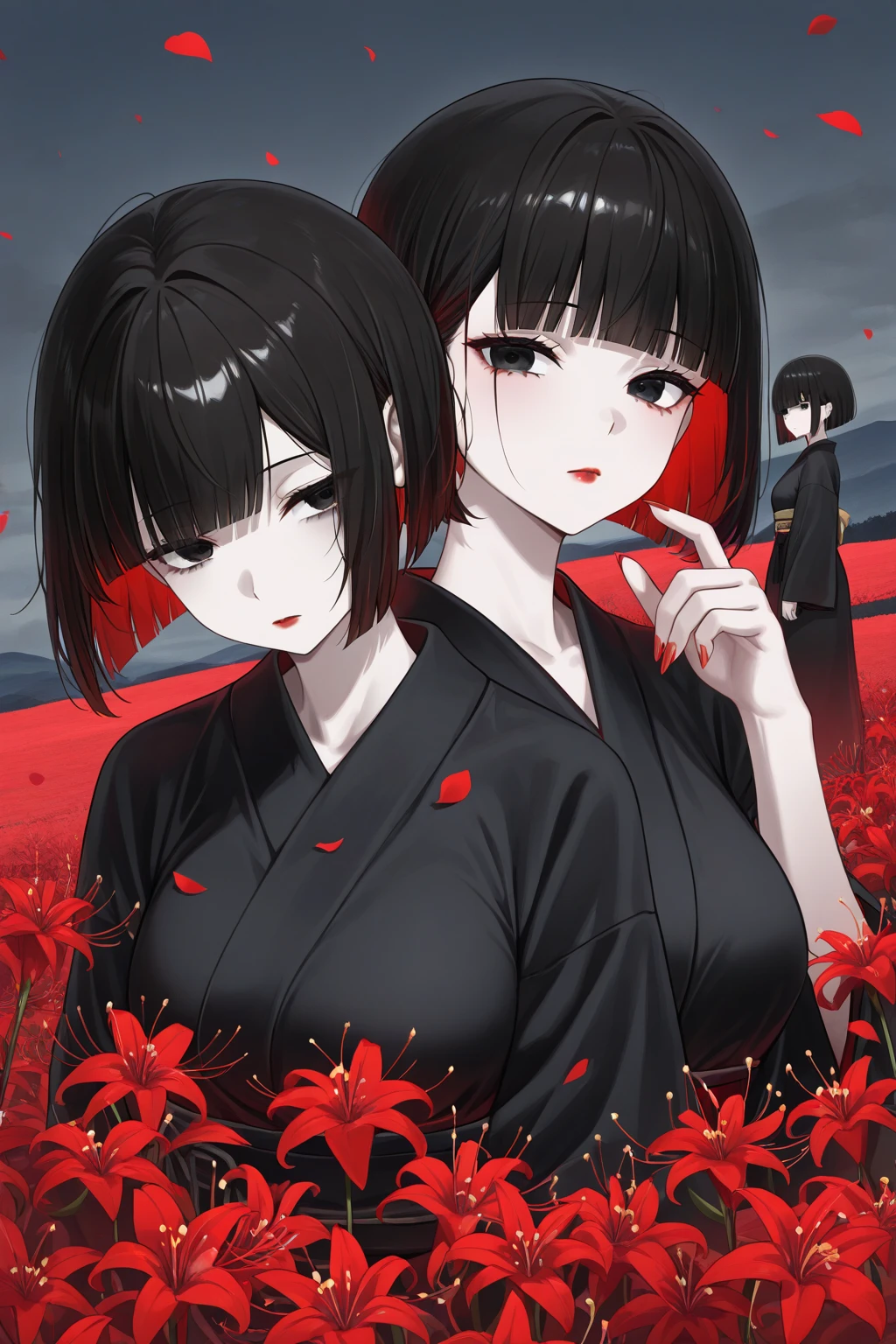 Fatal Frame Crimson butterfly, Terror, Full body photo, ((1 woman and a ghost of a zombie/ghost woman with the decaying body behind her)), she is in a black high school student outfit with a short skirt, she has big breasts, extremely beautiful, she has short black hair, red eyes, red lipstick on her mouth, she is holding an old Camera Obscura, she is in an old Japanese village at night, raining heavily, her clothes are soaked in  water and her hair is all soaked in water, Fatal Frame Crimson butterfly, anime, Terror, 16k, best quality, highres, high details, UHD, masterpiece