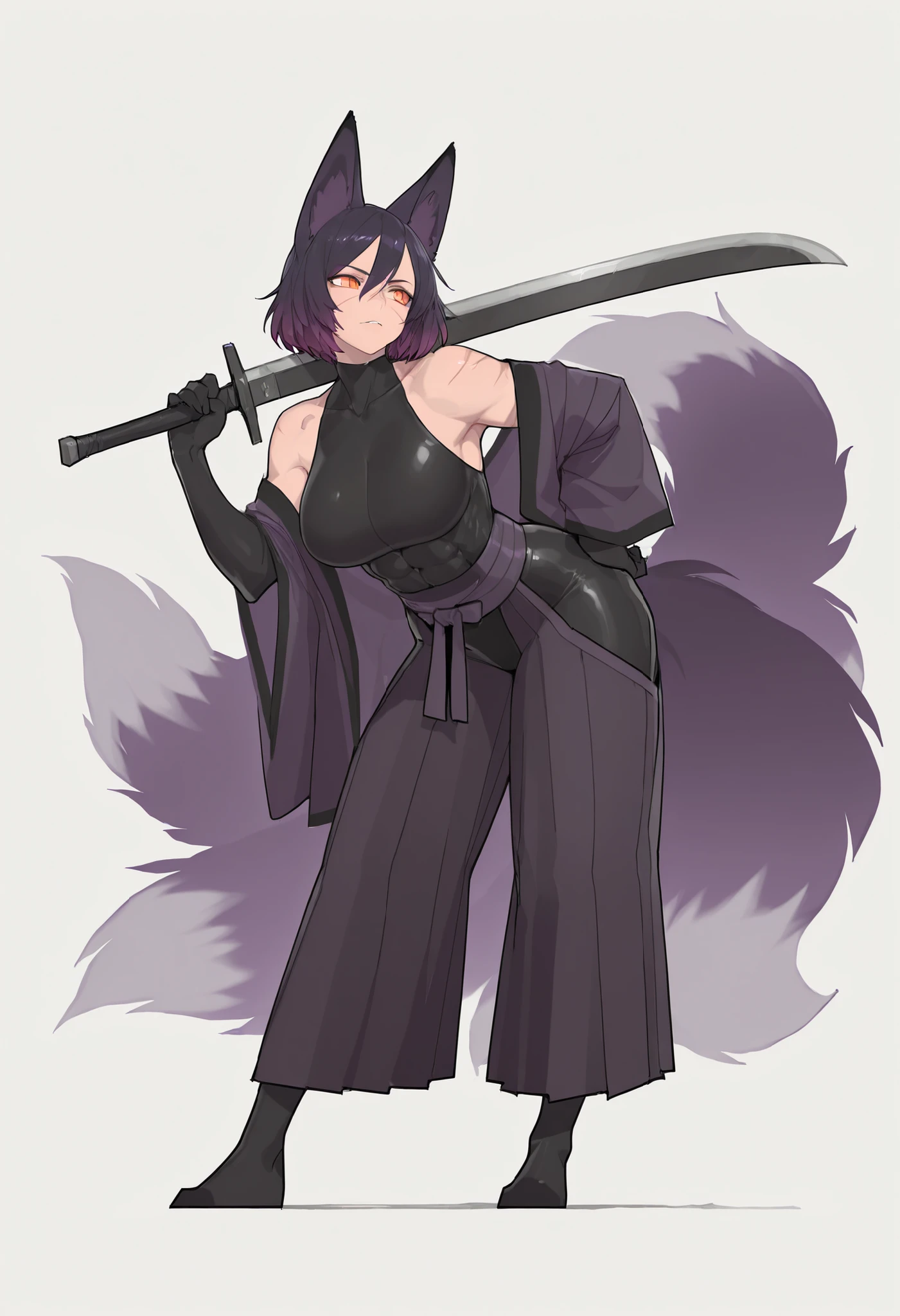 gorgeous kitsune girl, beautiful face, kitsune, black purple gradient hair color, hunter girl, orange eyes, slit pupils, personalami style, volputrous body, curvy and athletic, fox ears, short hair, black leotard bodysuit like Hakama with open hips, dark Haori, outfit blends modern athletic or performance wear with fantasy aesthetics rather than being a direct representation of traditional Japanese clothing, pants, fox tail, strong female, abs, bare shoulders and neck, scars on torso and face, fierce look, defined athletic arms and legs, athletic lanky body, fox ears, dominant expression, long hair, masterpiece, ultra definition, simple white background, dnd, stands upright on two legs, slightly leaning forward, with one foot slightly ahead of the other, left arm is bent at the elbow, with the hand resting on the hip, while the right arm is extended outward and holding a large sword. Large sword is angled diagonally, with the blade pointing downward and holded behind the character