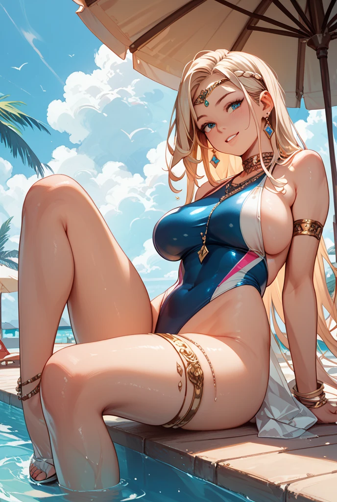 Giant Girl 50,000 feet high,Have a pair of long legs,Have a pair of huge breasts,Wearing a red bikini,Waist length blonde hair,Loose hair,Wear a pair of Mary Janes,Blonde curly hair,full of enjoyment,Kneeling in a crowded city, vandalism,It seems to be an invincible existence,Beautiful appearance,Exquisite makeup,quality,8K,高quality,(Governor:1.5),Perfect proportion, theater lighting,Film Grain,Fuji Colors,8K,Textured Skin,Super Detail,High Detail,high quality,high resolution,thunderbolt,Fake laugh,Morning, Full body image