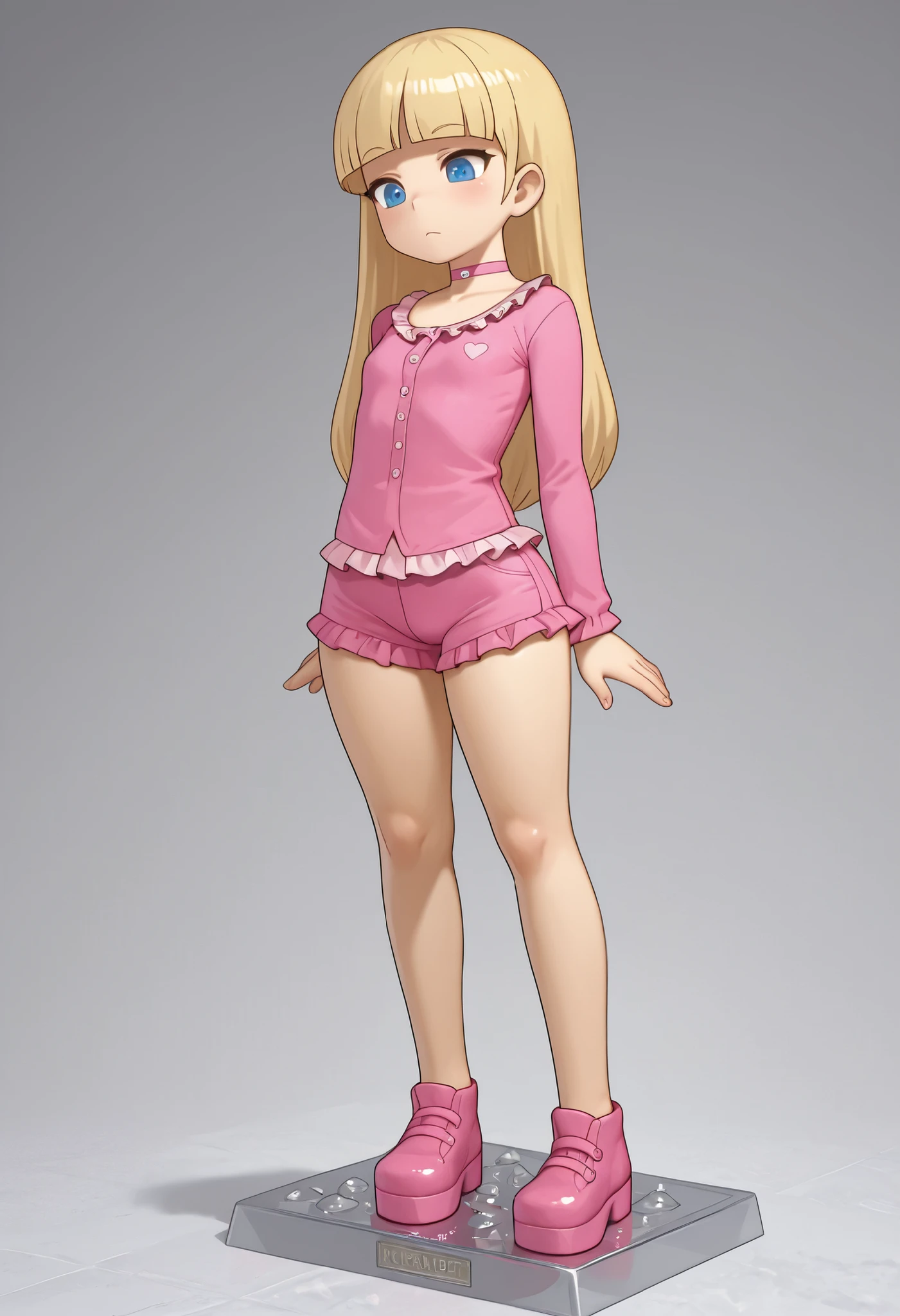 Pacifica Northwest, flat breasts, flat chest, skinny, huge hips, long hair, blonde hair, choker , | score_9, score_8_up, score_7_up, faux figurine, nendoroid, full body, figure, platform, solo, Anime, 1girl, masterpiece, best quality, high quality, high resolution, highres.|| frilled shirt, pink shirt, buttons, long sleeves, frilled shorts, short shorts, pink shorts brgsxx, upside-down
