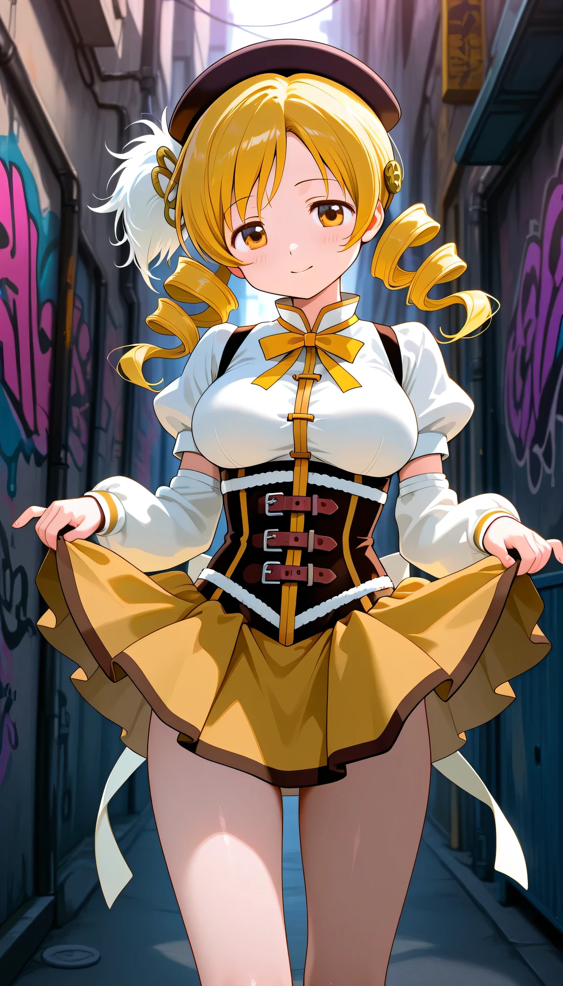 Mami Tomoe, Magical Girl , graffiti alley , lifting her skirt