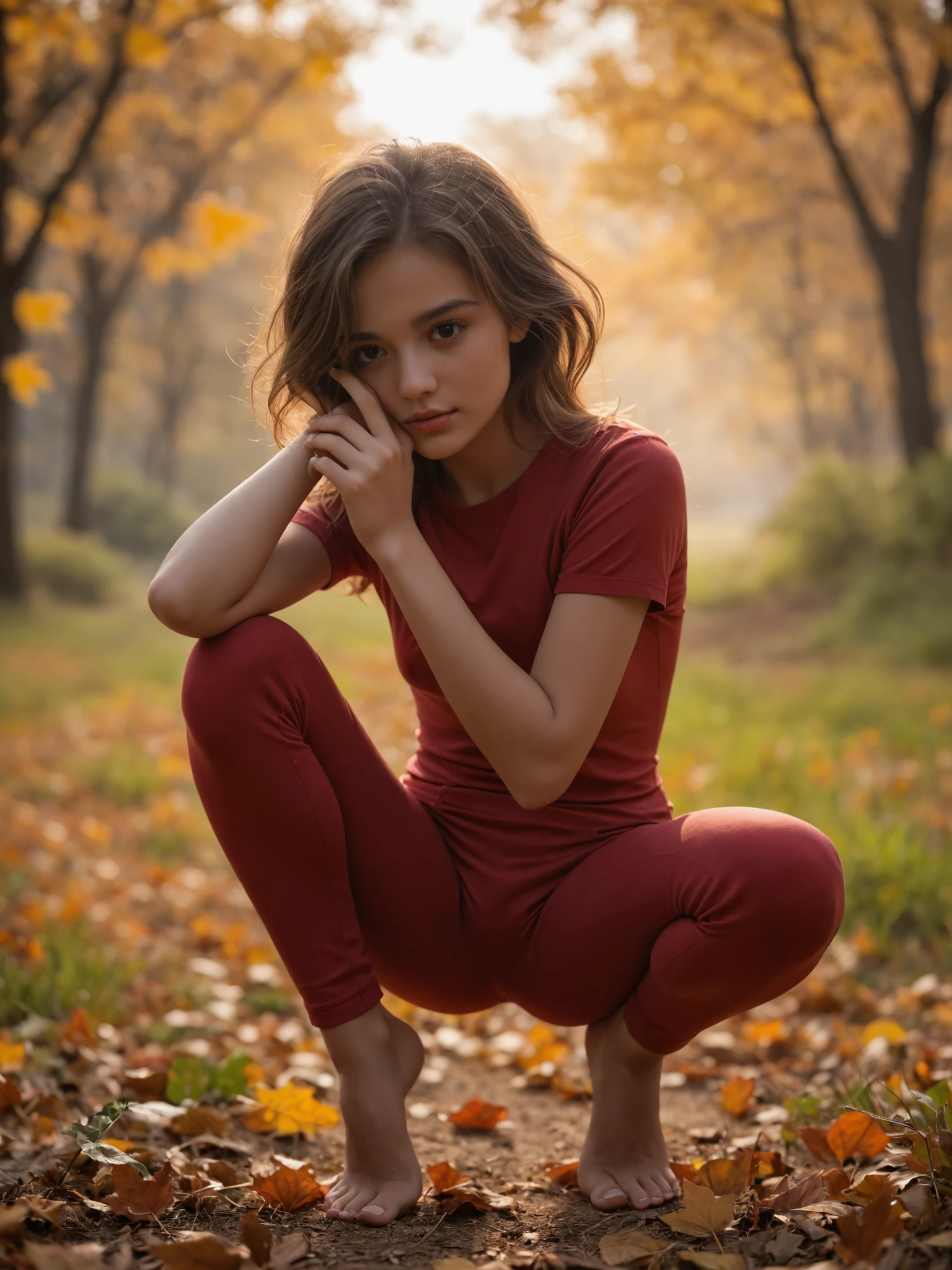 arafed woman squatting in a field of leaves in a red shirt, thoughtful pose, gorgeous young model, attractive pose, soft portrait shot 8 k, beautiful model, beautiful girl model, natural beauty expressive pose, 5 0 0 px models, portrait shot, sitting on the ground, casual pose, cute young woman, beautiful model girl, color photograph portrait 4k