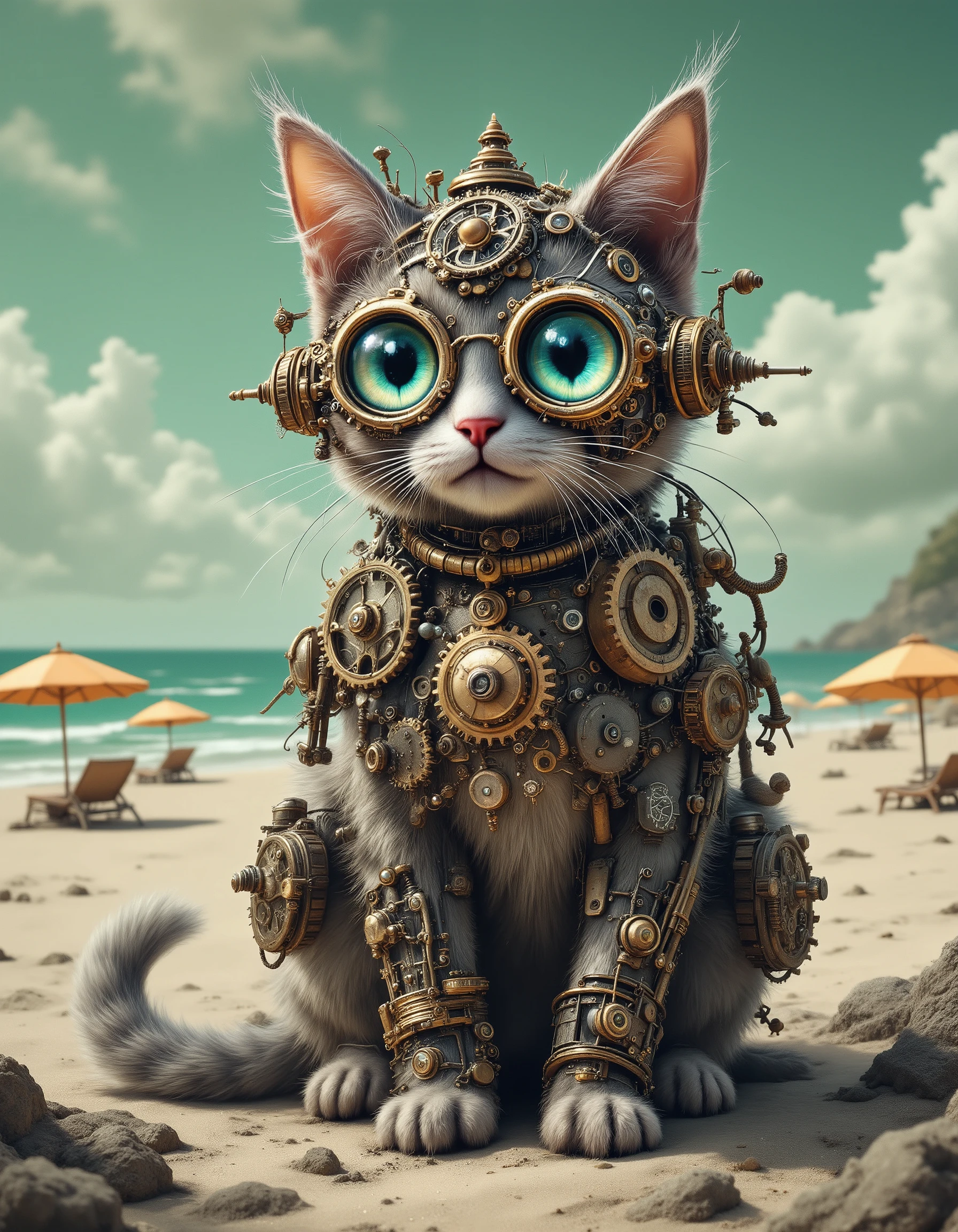 A detailed digital painting featuring a cat with mechanical components and large, round eyes, adorned with intricate metal gear, sitting on a beach with distant umbrellas, beneath a green-tinted sky, evoking a whimsical steampunk charm with mechanical intricacy, Steampunk digital art style with intricate textures and vibrant colors. The scene should include a rich variety of elements, each contributing to the overall atmosphere. Lighting should be soft, diffused, and natural, enhancing the depth and realism of the scene. The mood is to be calm yet vibrant, creating a sense of serenity and wonder. Every detail in the scene should be meticulously rendered, emphasizing the contrast between light and shadow, and capturing the fine textures and subtle gradients. The color palette should be carefully chosen to evoke emotion, with each hue enhancing the aesthetic appeal of the overall composition. The final image should be immersive and captivating, drawing the viewer into its intricately detailed world.