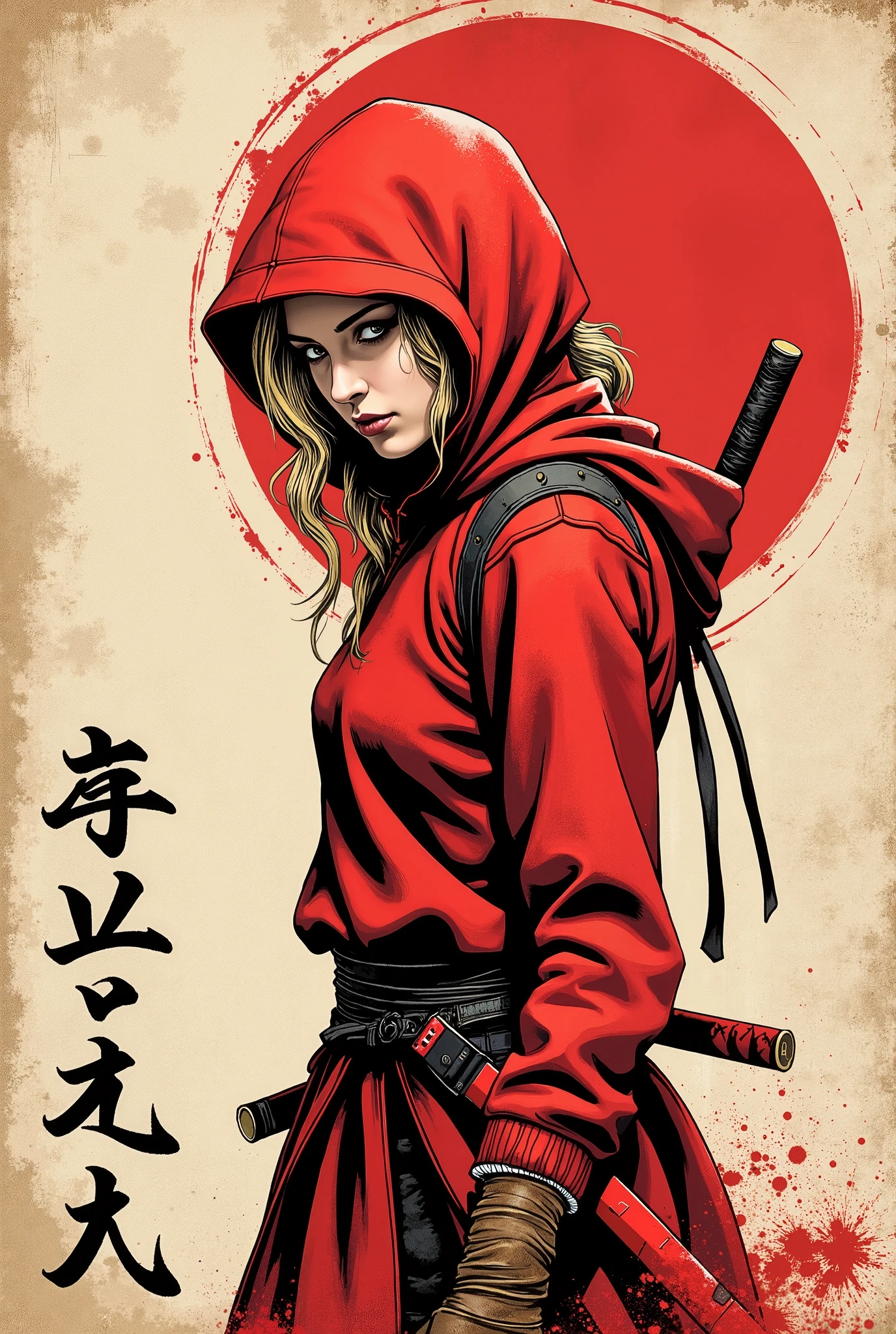 Young western ninja. She looks down seriously. Red ninja mask on her face. vista de frente. The body is effectively curved. seios pequenos. Shoulders are thrown back. The arms are loosely lowered along the body. The head is slightly turned towards the observer. A piece of, wavy blond hair, escaping through the red hoodie that covers your head and falls over your shoulder. A modern red ninja costume with long sleeves and tight to the body. brown leather gloves . A red katana tied around the back. Sepia image .The background is an old wall, gasta e suja, once painted white. Caligrafia japonesa , Hieroglyphs. A large stylized red ensö, carelessly painted with a large brush. Cuts and splashes of red ink. The texture of the worn wood . long splashes of dirt They scratch the entire surface of the lower part. The overall artistic style is colorful and slightly rough, como um velho, beaten poster. The color scheme is soft and dark. The emphasis is on the details and the feeling of calm, poder. Conecte-se, No estilo samurai, ink graphics. linhas de movimento, Framed within a frame. obra-prima, super detalhe, 8k