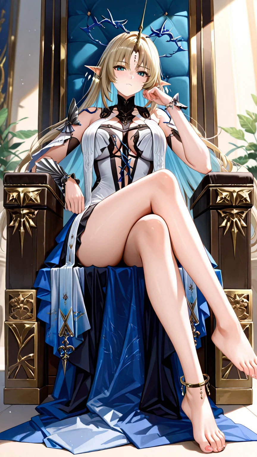 8k_wallpaper, extremely detailed eyes, extremely detailed body, (large masterpiece digital art), (detailed manga illustration), (detailed line art), ((perfect anatomy)), (intricate details:1.3), (ultra-detailed:1.3), (illustration:1.3), (sharp focus:1.3), (natural lighting:1.05), (vivid colors:1.3), (masterpiece), (best quality:1.4), (perfect anatomy:1.4), high quality, expressive eyes, full body, detailed face, beautiful face, perfect face, 1 girl, medium breasts, black hair, curly hair, wild hair, detailed hair, white dress shirt, black pants, pale skin, sapphire-blue eyes, demon, blue halo, sheep horns, curled horns, (horizontal pupils), sexy face, pointy ears, splash art, the demon girl, curvy, sitting in an office chair at a desk with feet on desk, black high heels,