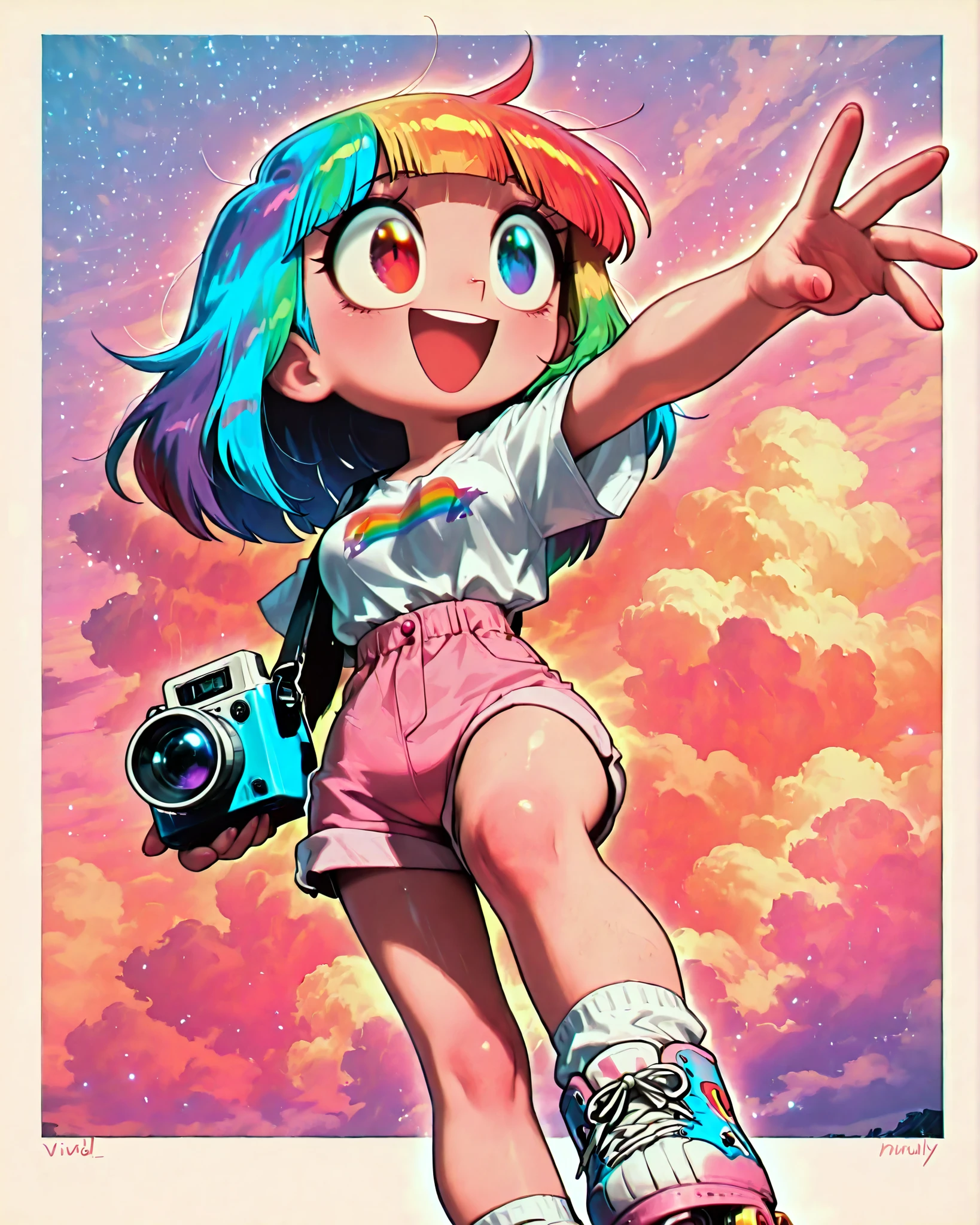 front angle, photograph as a picture taken on a retro polaroid camera, (masterpiece, 4k, detailed image, vivid colors, retro atmosphere), {1woman}: (a beautiful woman, unruly/messy loose hair in the colors of a rainbow, eyes with heterochromia: one blue, the other red, wearing vintage clothes: white t-shirt tucked into short pink shorts above the belly button, white socks reaching the knee, standing wearing retro pink quad skates, with a retro polaroid camera, expression of happiness, big smile), solo, neutral background, atmosphere with clouds transmitting peace, no background, a rainbow in the background, perfect lighting creating shadows in the scene and on the character