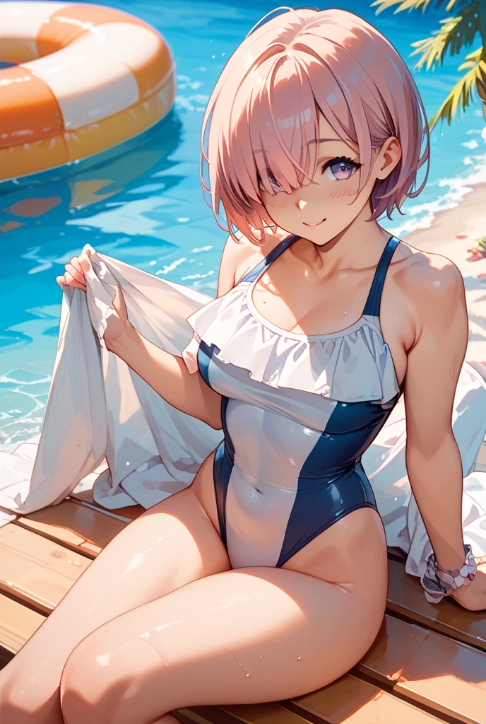 ((Bright pop-colored swimsuits, lying on the water and floating, Mediterranean Sea)), skindentation, skinny, solo, 1 woman, Masterpiece, highest quality, highest quality, 16K, incredibly absurd, highly detailed, 2.5D, delicate and dynamic, very delicate facial expressions, delicate eye depiction, erotic, only sexy woman, healthy figure, 25-year-old woman, bride, 160cm tall, medium firm swaying bust, (short hair), (pink hair:1.5), bob cut, black eye, blush, Sweat,Embarrassed,sexy, ((thin thighs)), (Erect nipples:0.9), (visible nipples:0.9), (camel toe:0.9), ((shiny and lustrous)), facing straight at viewer, (tan skin),dutch angle