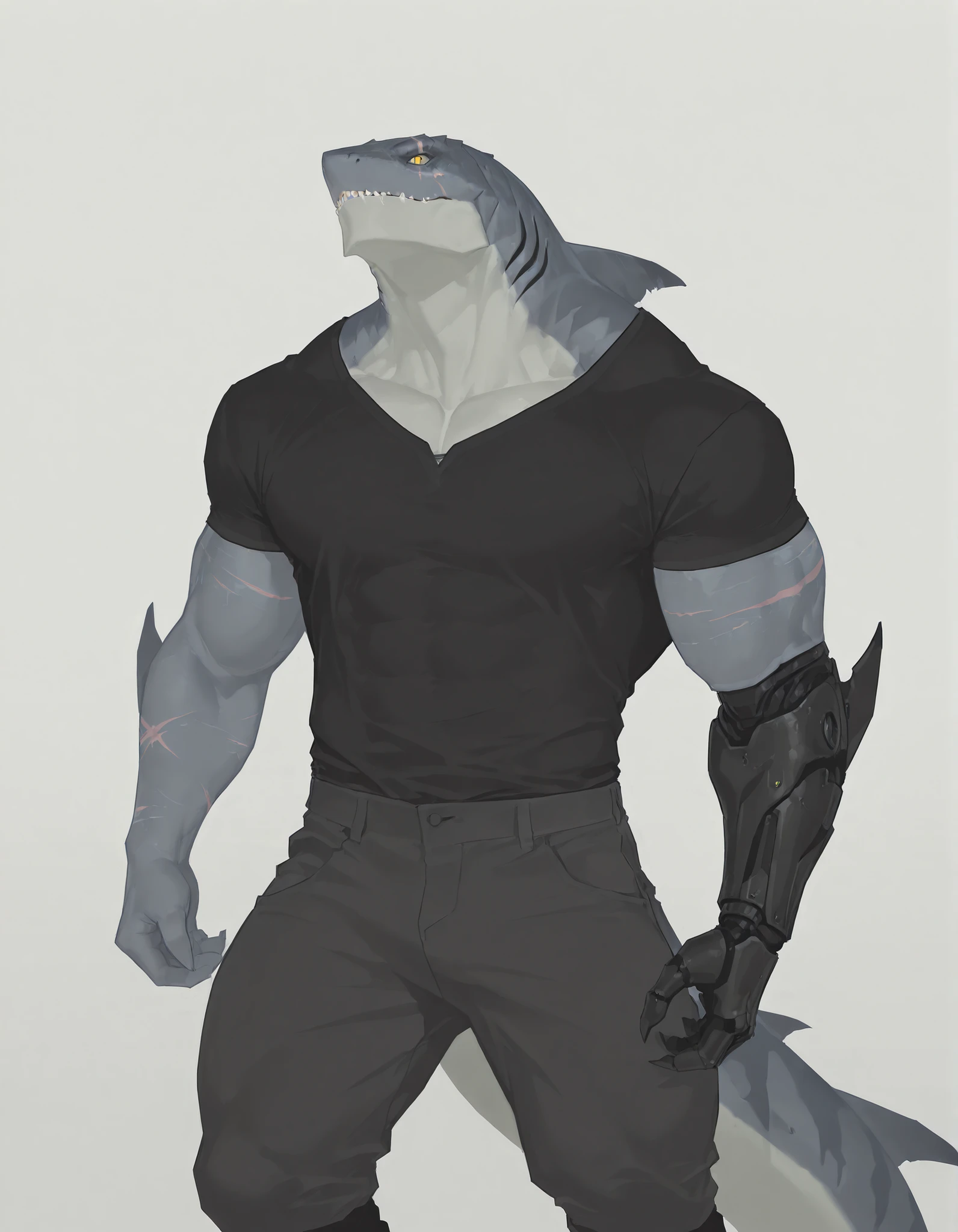 masterpiece, best quality, amazing quality, very aesthetic, absurdres, newest, scenery, extreme detail, 8k, dnd, anthro shark, detailed eyes, yellow eyes, by Riolutiny, anthro, shark, male, scalie, anthro shark, anthro megalodon, buffed body, bulky, gray body, strong hands with fins, black back, solo, bara, detailed skin, scars, lizard shark hybrid, thick tail, hunter, strong, scalie torso, detailed muscles, detailed muscular arms, left arm prosthesis, mechanical prosthesis of the arm up to the forearm, wearing armless black shirt, digitigrade legs, thick legs, dorsal fin, proporcional body, wide , buffed muscular torso, abs under shirt, trapezoid body type, marked jaws, thick shark tail, masculine, thick scales on arms and legs, muscular legs, proporcional body, wide , trapezoid body type, wearing pants, marked jaw, scars, dominating, pensive, tired, upper body focus, simple gradient background