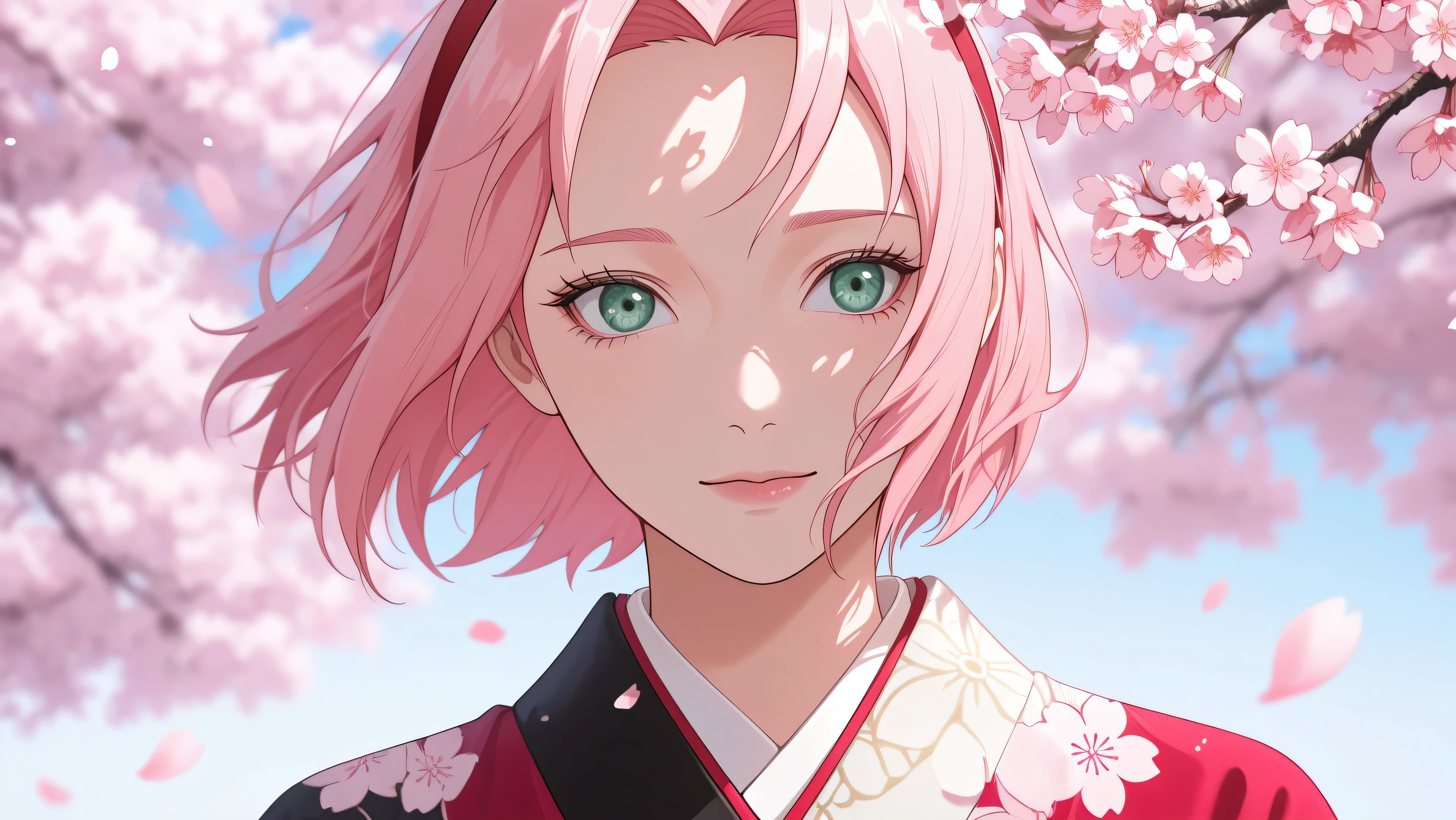 portrait photo, Haruno Sakura, wear kimono, short hair, Embarrassing girl, the scene is a garden with cherry blossoms, the wind blows cherry blossoms flying, image focused on the character Sakura.