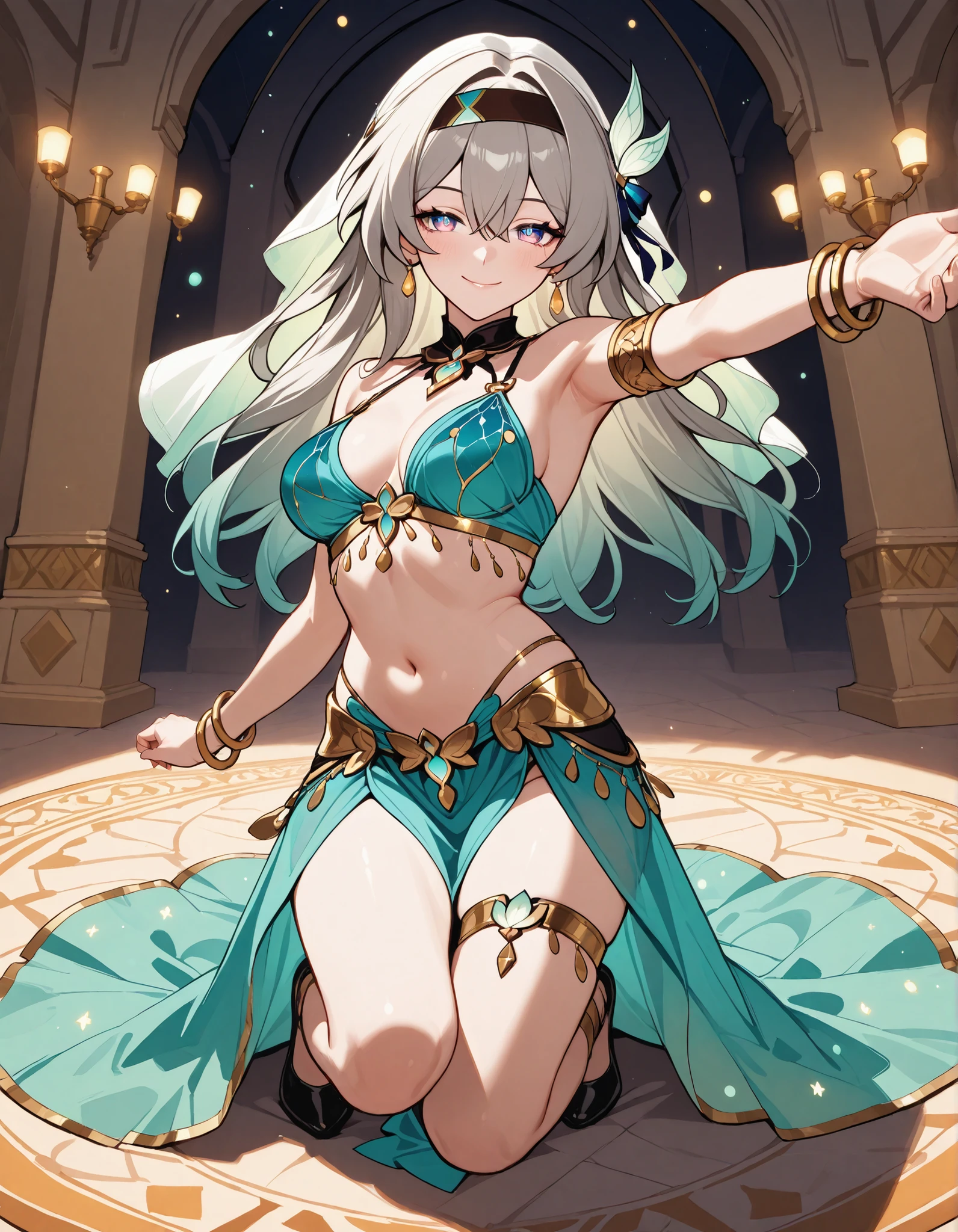 (crystal artifact), (metallic accessory), dancing(ethnic priestess), (gold embroidery), (sharp thong), narrow constricted waist, small hips, (dark color)eyes(highlights), slender legs, fantasy, mythical altar, (engraved stone)