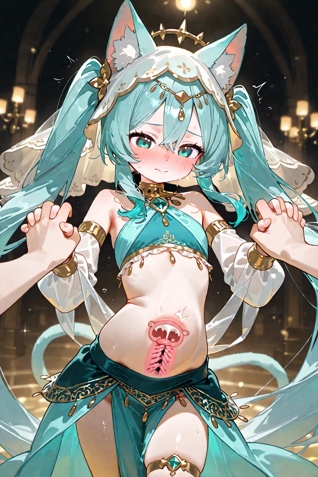 (a lot of extra limb), (Extra Arms), extra legs , multiple heads,((((3 heads:1.5)))), Cat ear,extra breasts under breasts, multiple legs, Shrine priestess costume, wolf ears ,fox ears, multiple legs, multiple arms, masterpiece, highest quality , {Multiple people} , (human limbs grow on tentacles ）, Scylla with too many slime tentacle limbs , extra eyes, extra ears, too many extra body parts, extra body , extra heads ,conjoined twins ,twintails, tentacle hair, a lot of extra limbs grow on slime tentacle, chaos shape girl, mutation ,parasitic girl’s body ,green hair , slime tentacle hair  , golden eyes , extra torso on tentacle legs, multiple girls fuse tentacles , a lot of humanoid arms grow on tentacle arms , more arms, more legs, more heads, more little girls, multiple torso, more limbs , surprised expression, extra limbs fuse tentacle , melting limbs , extra breasts , skin fang, naughty, crazy, demon horns, mismatched pupils, anime style, 8k, super detail, textured skin, anatomically incorrect anarchy body, multiple extra body on torso with extra arms,multiple heads on head with tentacle arms, branched body, branched tentacles , a lot of tentacle arms grow on whole body, Hekatoncheir , severed torso, tentacled vagina, small breast, she is unable to move body freely, Tentacle arms that move on their own, A girl raped by her own body that moves on its own, girl fondling her own breasts, no pants , ruled by an extra head, controlled by tentacle monster, girl fused mythical creatures, green tentacles, The extra head with extra arms is the main body, Replacement, Embrace your extra head, extra torso , a girl being parasitized by a tentacle girl’s body ,a girl assimilate into tentacles , body being invaded by tentacles, A five-year-old girl with tentacles fused together, tentacle legs coming out of vagina , futanari penis growing on vagina, Mind control, tentacle girl absorbed by slime girl, amorphous monster girl, crotchhead , tentacle slime shapeshifter 