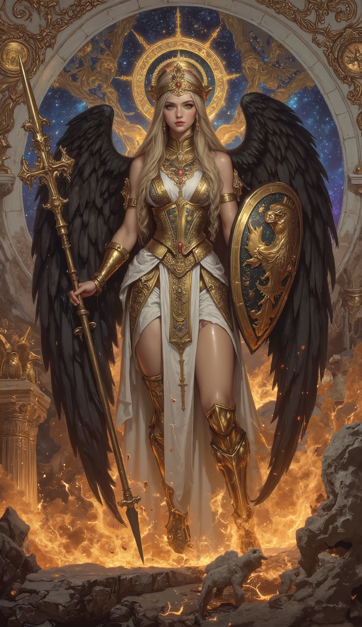 (fiery glowing detailed and intricate The painting captures the majestic figure of Athena, the goddess of wisdom and war, rendered in the revered style of Greek Orthodox iconography. She stands tall and imposing, her muscular form exuding divine strength and power. Her physique is a testament to her warrior nature, with wel-defined muscles that speak of both grace and might.
Athena is adorned in resplendent armor, a blend of gold and silver that gleams with an ethereal light. The armor is intricately detailed, featuring elaborate designs and symbols that represent wisdom and warfare. Each piece fits her perfectly, from the ornate breastplate embossed with scenes of victory to the vambraces that encase her powerful arms. The craftsmanship is exquisite, with patterns and motifs that are both classical and divine.
Her face is a striking combination of serenity and fierceness, embodying both the intellect and the warrior spirit. Her eyes are piercing, reflecting a profound intelligence and unwavering determination. A golden halo surrounds her head, a traditional element of Greek Orthodox iconography, signifying her divine status.
In her right hand, Athena holds a spear, its tip glinting as if imbued with celestial power. The spear is a symbol of her readiness to protect and defend. In her left hand, she bears a large shield adorned with the head of Medusa, a powerful emblem of protection and fearlessness.
The background of the painting is a harmonious blend of vibrant colors and intricate patterns typical of Orthodox iconography. Behind Athena, classical Greek architecture frames the scene, with columns and arches that enhance the sense of ancient reverence. Symbols of wisdom, such as the owl and the olive tree, are subtly incorporated into the backdrop, adding layers of meaning and depth.
(fiery glowing detailed and intricate franzetta armor) (exquisitely beautiful and extremely detailed glowing black angelic fiery phoenix wings) (galaxy backdrop, in space