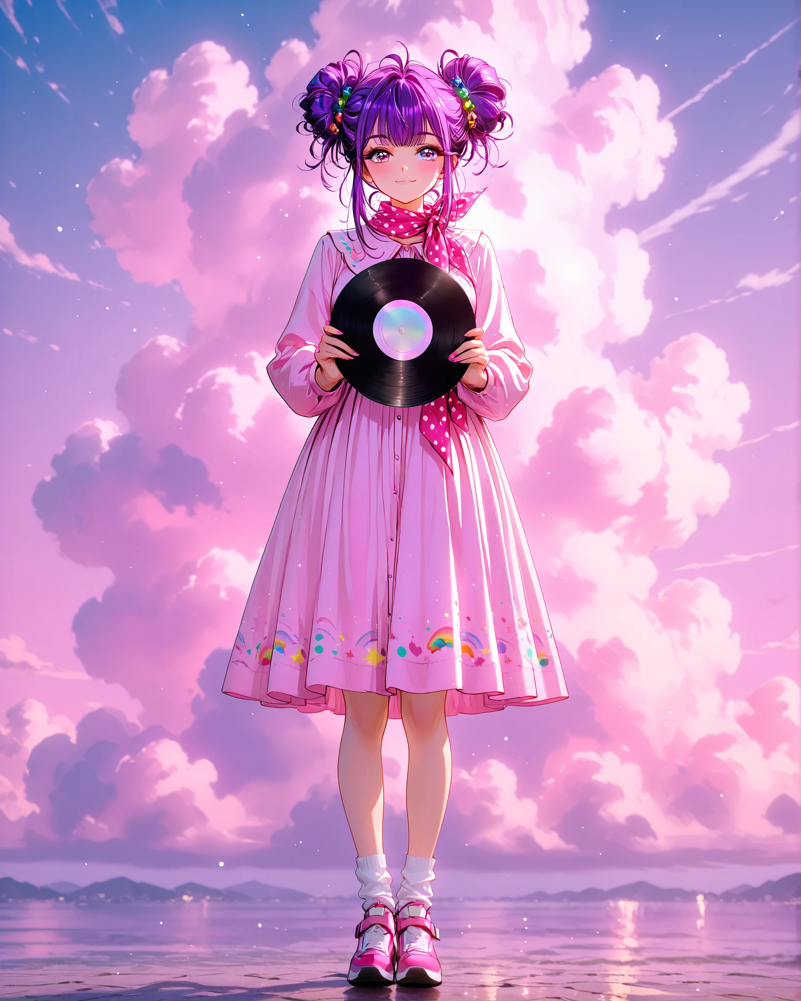 front angle, (obra-prima, 4k, imagem detalhada, cores vivas, retro atmosphere ), {[1mulher}:(uma linda mulher, In a rebel/messy hairstyle painted with a rainbow, Wearing vintage clothes: a long pink dress with black polka dots, a pink scarf tied around her neck, delicate white socks and pink sneakers, her eyes in heterochromia: one is purple the other is green, olhos expressivos, her iris is heart-shaped, standing, holding a vinyl record in her hands, she looks and smiles cheerfully with light), only, fundo neutro, atmosphere with clouds transmitting peace, sem fundo, A rainbow in the background, Perfect lighting creating shadows in the scene and the character