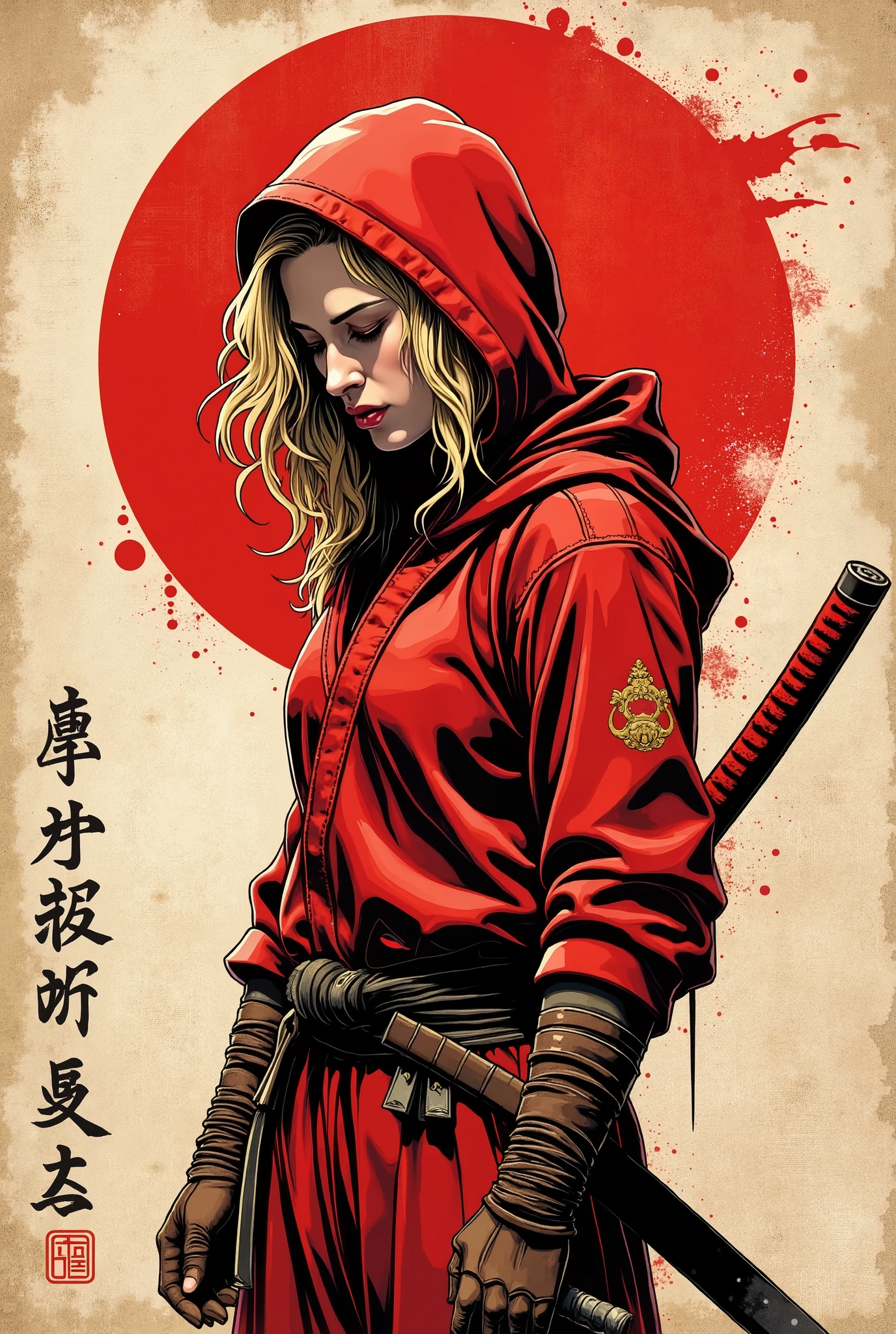 Young western ninja. She looks down seriously. batom vermelho. Vista de frente. The body is effectively curved. seios pequenos. Shoulders are thrown back. The arms are loosely lowered along the body. The head is slightly turned toward the observer. A piece of, wavy blond hair , escaping through the red hood that covers your head and falls over your shoulder. A modern red ninja costume with long sleeves and tight to the body. brown leather gloves . A red katana tied around your back. Sepia image .The background is an old wall, gasta e suja, once painted white. Caligrafia japonesa , Hieroglyphs. A large stylized red ensö, carelessly painted with a large brush. Cuts and splashes of red ink. The texture of the worn wood . long splashes of dirt They scratched the entire surface of the lower part. The overall artistic style is colorful and slightly rough, como um velho, beaten poster. The color scheme is soft and dark. The emphasis is on the details and the feeling of calm, poder. Conecte-se, No estilo samurai, ink graphics. linhas de movimento, Framed within a frame. obra-prima, super detalhe, 8k
