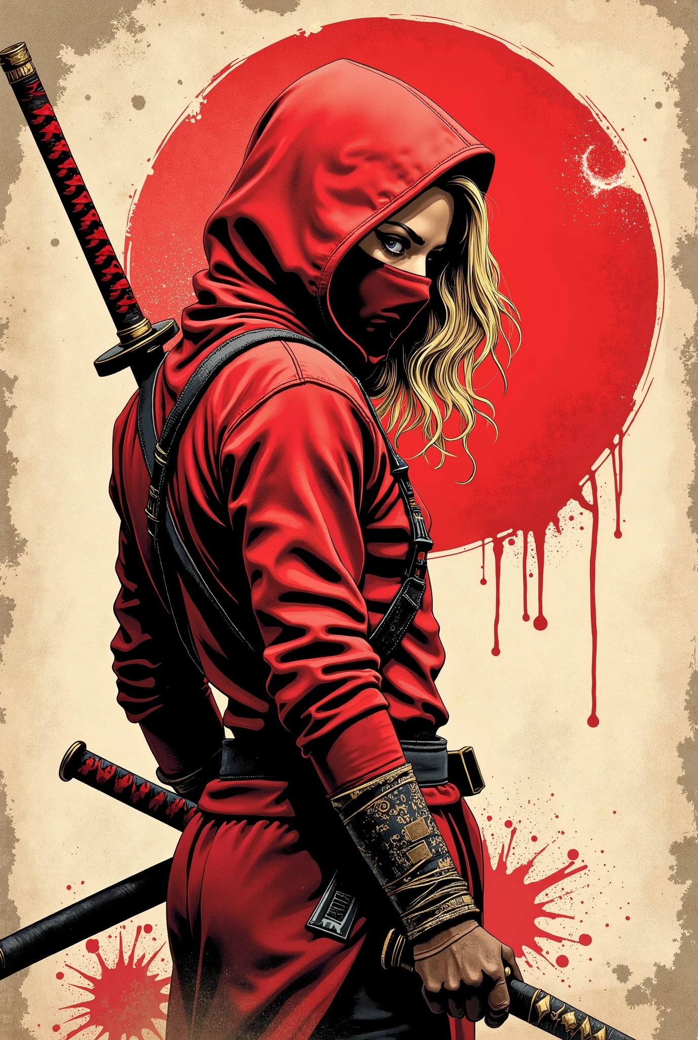 Young western ninja. She looks down seriously. batom vermelho. Vista de frente. The body is effectively curved. seios pequenos. Shoulders are thrown back. The arms are loosely lowered along the body. The head is slightly turned toward the observer. A piece of, wavy blond hair , escaping through the red hood that covers your head and falls over your shoulder. A modern red ninja costume with long sleeves and tight to the body. brown leather gloves . A red katana tied around your back. Sepia image .The background is an old wall, gasta e suja, once painted white. Caligrafia japonesa , Hieroglyphs. A large stylized red ensö, carelessly painted with a large brush. Cuts and splashes of red ink. The texture of the worn wood . long splashes of dirt They scratched the entire surface of the lower part. The overall artistic style is colorful and slightly rough, como um velho, beaten poster. The color scheme is soft and dark. The emphasis is on the details and the feeling of calm, poder. Conecte-se, No estilo samurai, ink graphics. linhas de movimento, Framed within a frame. obra-prima, super detalhe, 8k