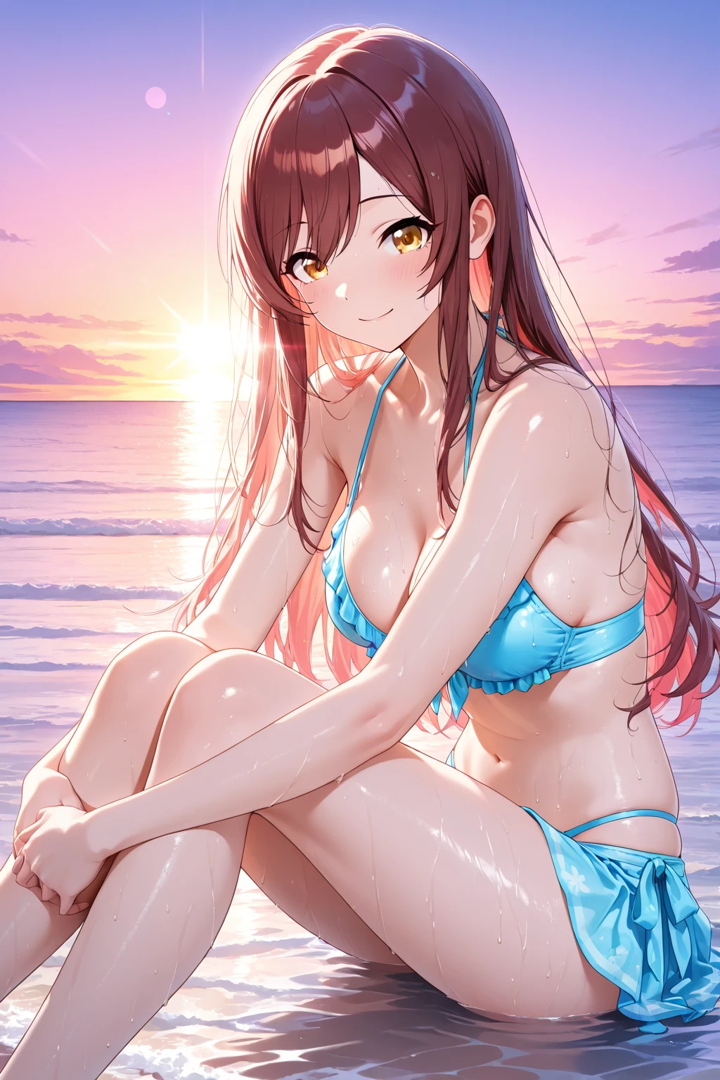 ((Лучшее качество)), ((шедевр)), (подробный), 1 guy, 1 girl, bangs, bare shoulders, beach, blonde hair, blue sky, chest, neckline, closed mouth, cloud, cloudy sky, collarbone, cowboy shot, day, hand on hip, horizon, medium-sized breasts, long hair, looking at the viewer, navel, ocean, one-piece swimsuit, outdoors, purple bikini, gray-green eyes, white swimsuit, sand, curls, sky, slingshot swimsuit, smile, with a guy, swimsuit, voluminous red hair, very long hair, water, guy, black hair, short haircut, naked torso , black shorts bright brown eyes, hugs a girl from behind, a heart