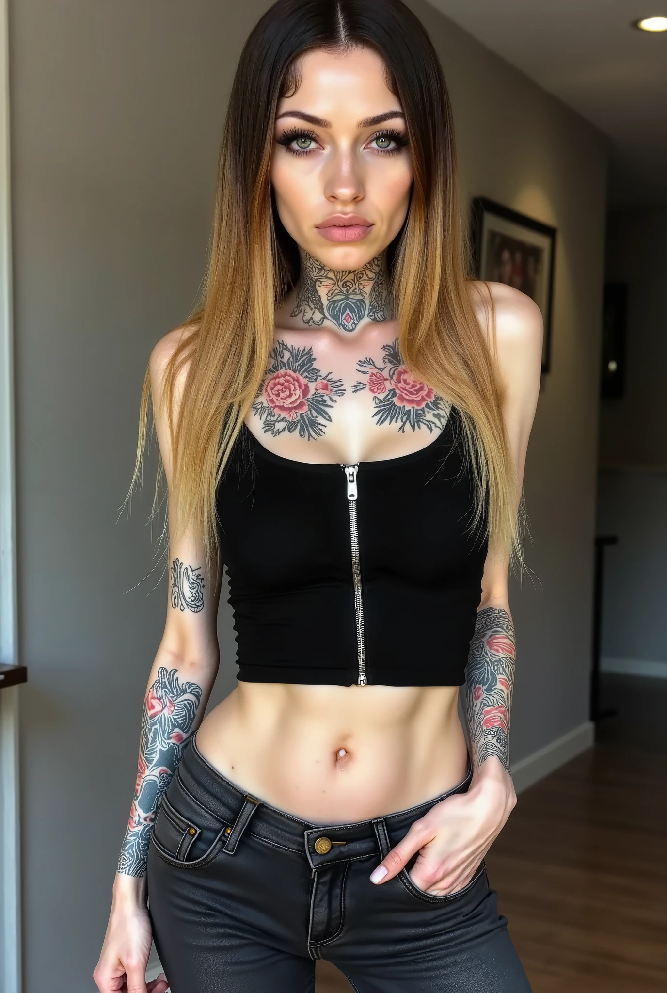 detailed eyes,premium full body portrait, slender woman with long straight blonde-dyed dark hair, urban style tattoos covering visible skin, wearing tank top with a zipper, wearing tight low-waisted jeans, intense direct gaze at viewer, stern commanding expression, sharp facial features, photorealistic detail capturing tattoo artistry, natural lighting emphasizing facial intensity