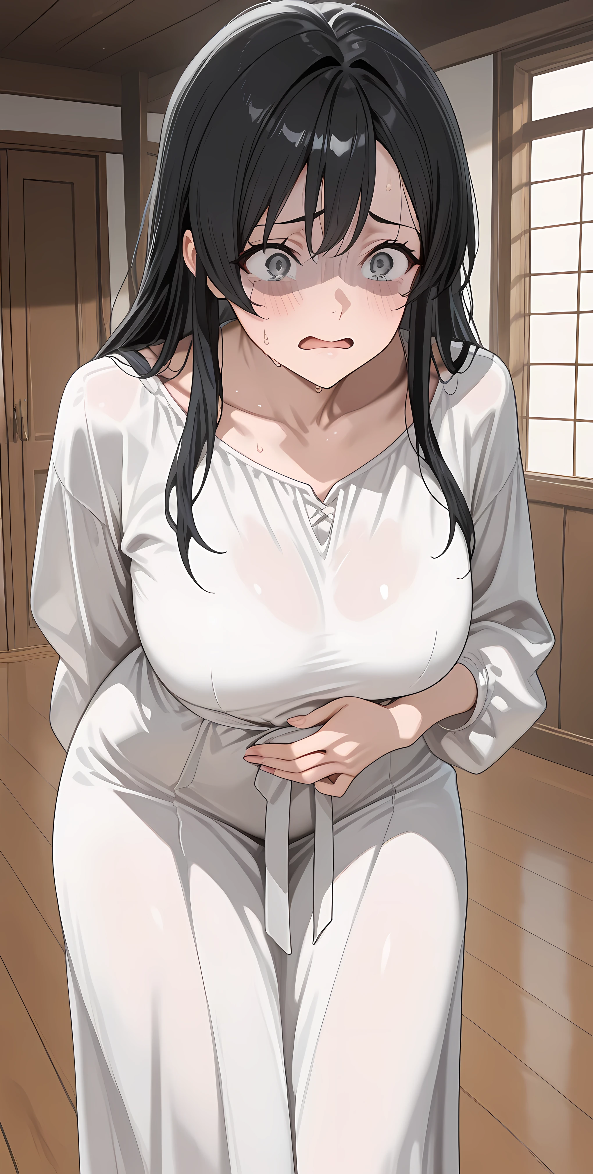 black hair, grey eyes, long hair,NanahoshiShizuka,General, masterpiece, highres, ultra-detailed, hyper-detailed, best quality, amazing quality, very aesthetic, best hands, best eye
brown wooden room, white long plain gown, 1girl, hand on own stomach, sweat, leaning forward, nervous, scared,
beautiful adult woman,