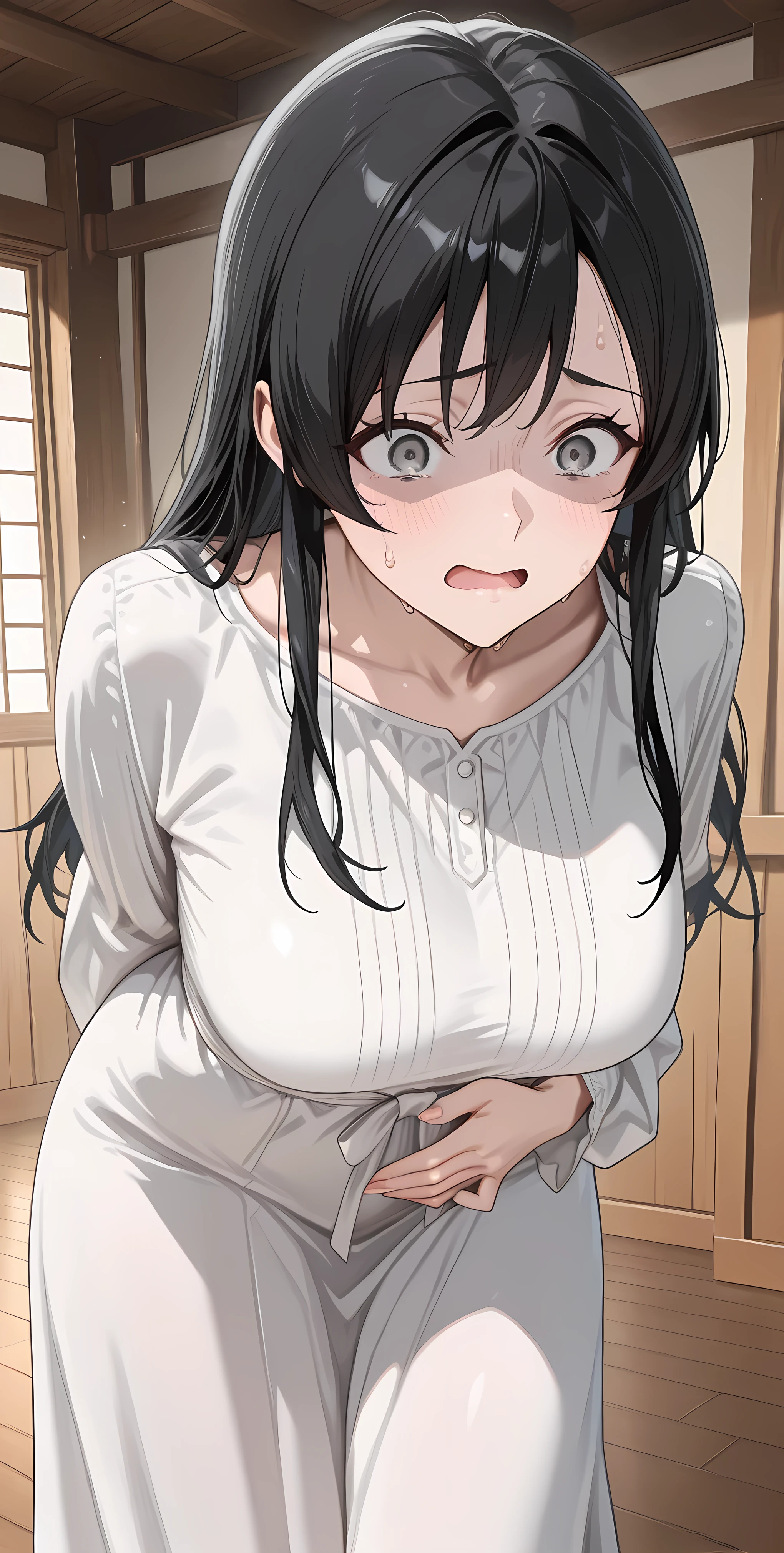 black hair, grey eyes, long hair,NanahoshiShizuka,General, masterpiece, highres, ultra-detailed, hyper-detailed, best quality, amazing quality, very aesthetic, best hands, best eye
brown wooden room, white long plain gown, 1girl, hand on own stomach, sweat, leaning forward, nervous, scared,
beautiful adult woman,