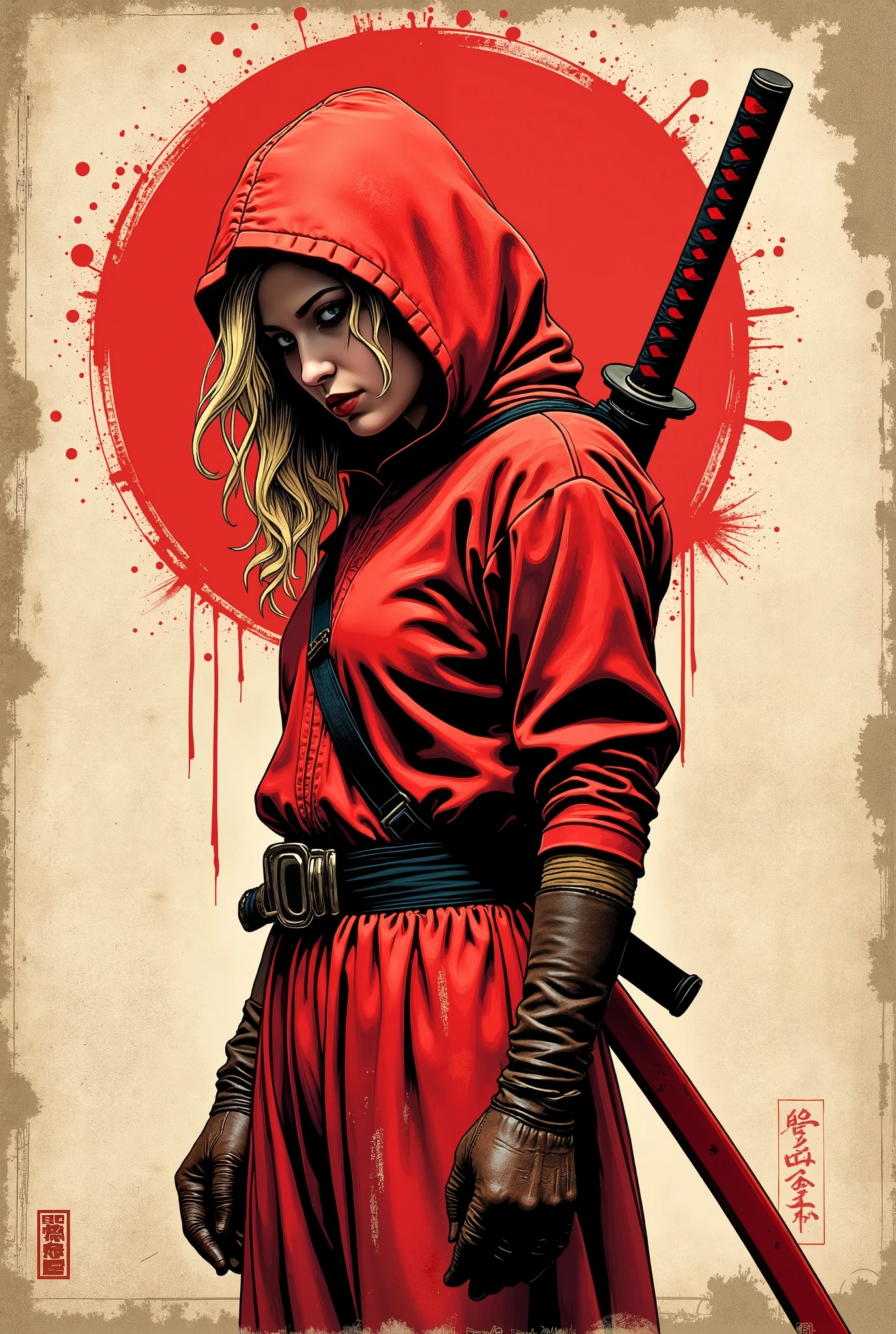 Young western ninja. She looks down seriously. batom vermelho. Vista de frente. The body is effectively curved. seios pequenos. Shoulders are thrown back. The arms are loosely lowered along the body. The head is slightly turned toward the observer. A piece of, wavy blond hair , escaping through the red hood that covers your head and falls over your shoulder. A modern red ninja costume with long sleeves and tight to the body. brown leather gloves . A red katana tied around your back. Sepia image .The background is an old wall, gasta e suja, once painted white. Caligrafia japonesa , Hieroglyphs. A large stylized red ensö, carelessly painted with a large brush. Cuts and splashes of red ink. The texture of the worn wood . long splashes of dirt They scratched the entire surface of the lower part. The overall artistic style is colorful and slightly rough, como um velho, beaten poster. The color scheme is soft and dark. The emphasis is on the details and the feeling of calm, poder. Conecte-se, No estilo samurai, ink graphics. linhas de movimento, Framed within a frame. obra-prima, super detalhe, 8k