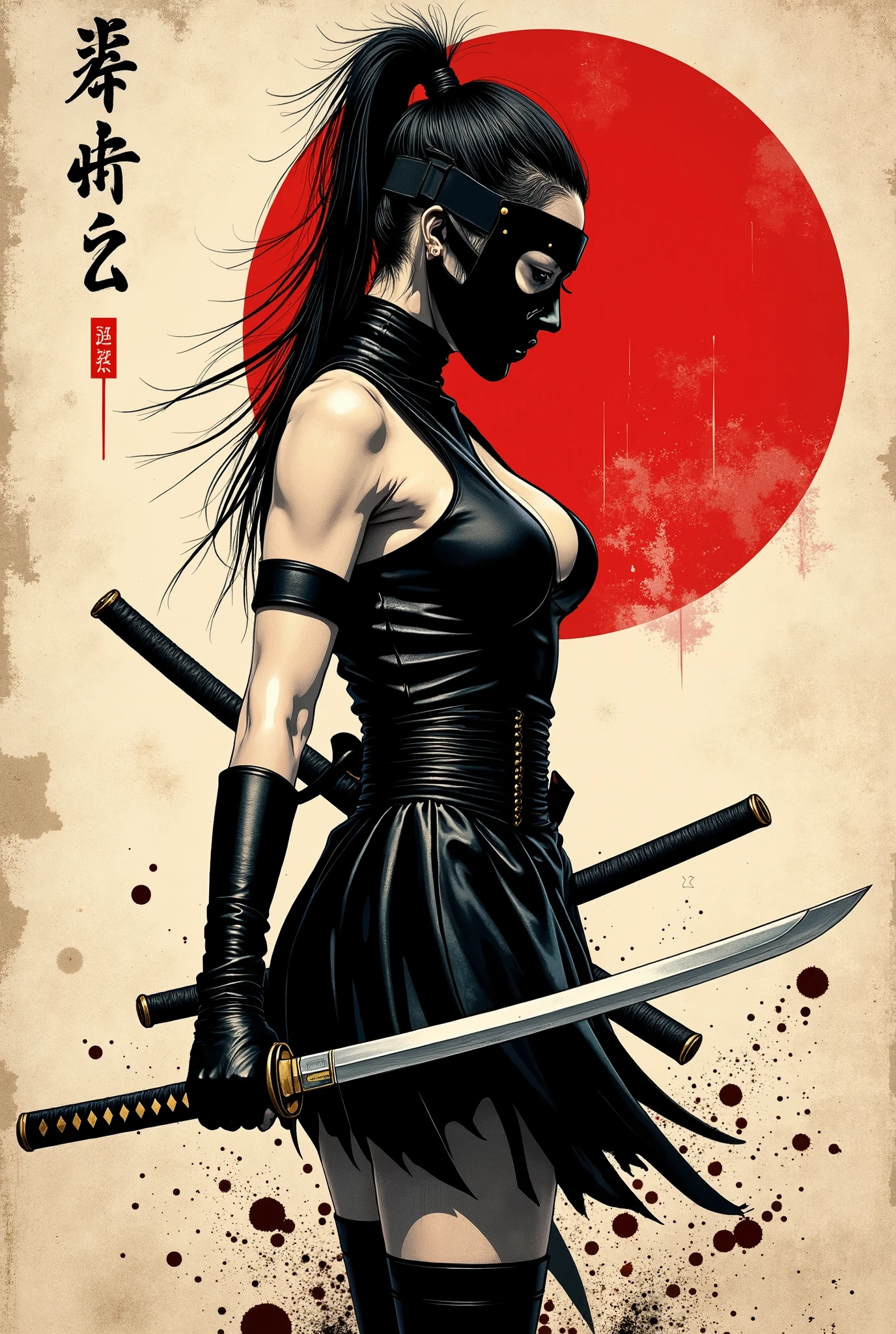 Young Asian ninja woman. She looks down seriously. ninja mask on her face. Vista de frente. The body is effectively curved. seios enormes. corpo voluptuoso, forte. Shoulders are thrown back. The arms are loosely lowered along the body. The head is slightly turned toward the observer. very dark and very long hair, gathered in a tall, messy ponytail on the top of the head with long side fringes. Wear a black leather blouse with bare shoulders. Long black leather gloves up to the biceps. two katanas in hands. wear tight short black leather skirts. Sepia image .The background is an old wall, gasta e suja, once painted white. Caligrafia japonesa , Hieroglyphs. The large stylized red circle that recalls a Japanese flag, carelessly painted with a large brush. Cuts and splashes of red ink. The texture of the worn wood . Splashes of dirt scratching the entire surface of the bottom. The overall artistic style is colorful and slightly rough, como um velho, beaten poster. The color scheme is soft and dark. The emphasis is on the details and the feeling of calm, poder. Conecte-se, No estilo samurai, ink graphics. linhas de movimento, Framed within a frame. obra-prima, super detalhe, 8k