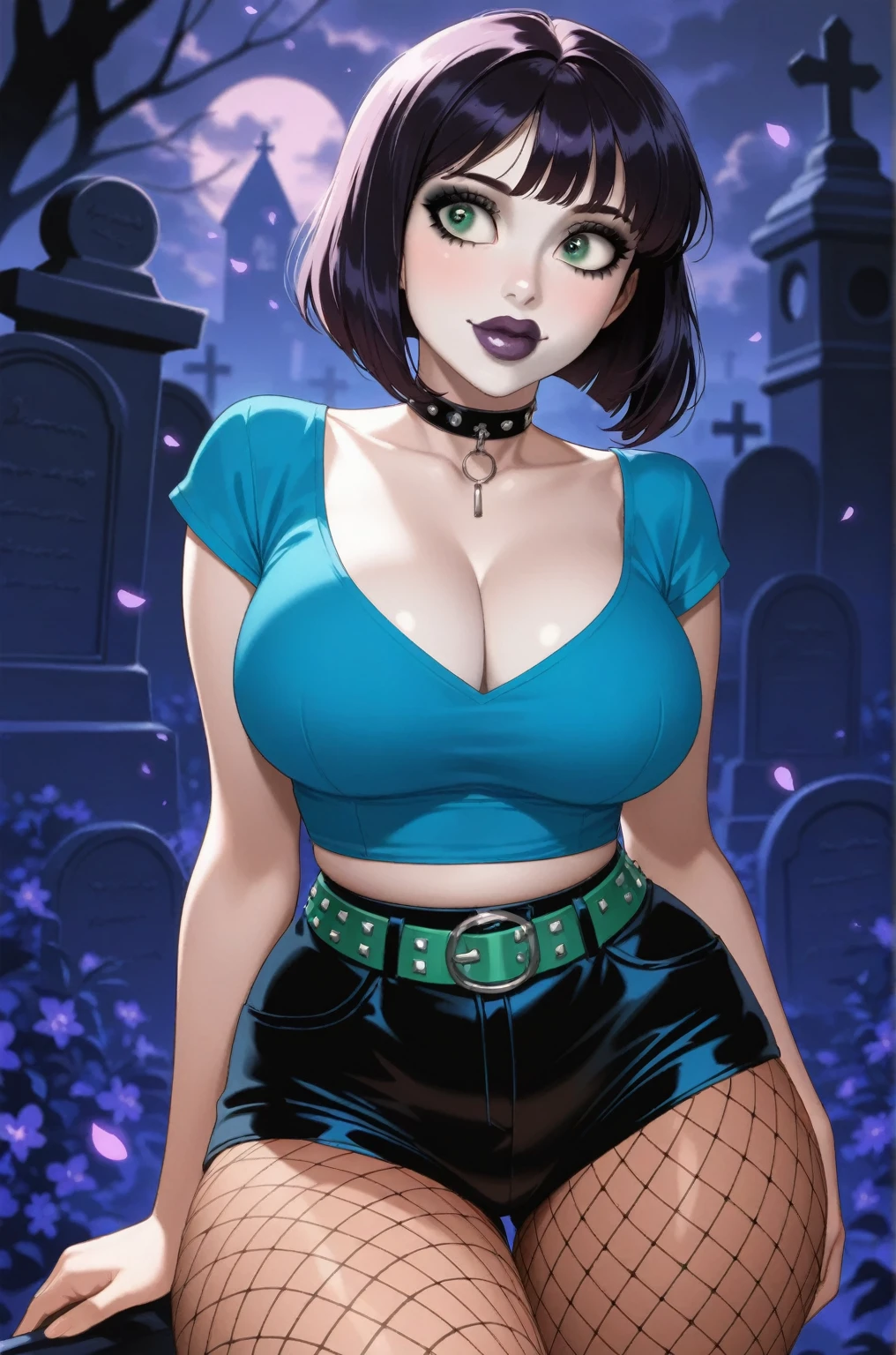 <lora:trianaorpheus-10VB-v8:0.6>,triana,short hair with blunt bangs,black hair with purple highlights,bob cut BREAK
(black shirt:1.1),torn shirt,navel,plunging neckline,low neckline BREAK
purple plaid skirt,torn skirt BREAK
choker BREAK
black thighhighs BREAK
black shoes BREAK
makeup,purple lipstick,purple mascara,eye liner,naughty face BREAK
revealed cleavage,exposed medium breasts,(covered nipples:1.1) BREAK
looking at viewer seductively,full shot,simple background,(high quality, masterpiece, photorealistic:0.7),
