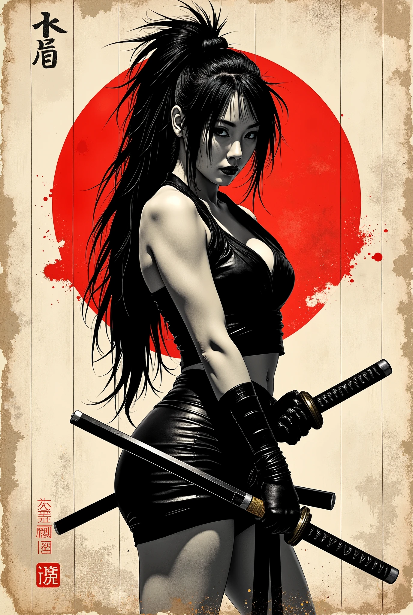 Young Asian ninja woman. She looks down seriously. ninja mask on her face. Vista de frente. The body is effectively curved. seios enormes. corpo voluptuoso, forte. Shoulders are thrown back. The arms are loosely lowered along the body. The head is slightly turned toward the observer. very dark and very long hair, gathered in a tall, messy ponytail on the top of the head with long side fringes. Wear a black leather blouse with bare shoulders. Long black leather gloves up to the biceps. two katanas in hands. wear tight short black leather skirts. Sepia image .The background is an old wall, gasta e suja, once painted white. Caligrafia japonesa , Hieroglyphs. The large stylized red circle that recalls a Japanese flag, carelessly painted with a large brush. Cuts and splashes of red ink. The texture of the worn wood . Splashes of dirt scratching the entire surface of the bottom. The overall artistic style is colorful and slightly rough, como um velho, beaten poster. The color scheme is soft and dark. The emphasis is on the details and the feeling of calm, poder. Conecte-se, No estilo samurai, ink graphics. linhas de movimento, Framed within a frame. obra-prima, super detalhe, 8k