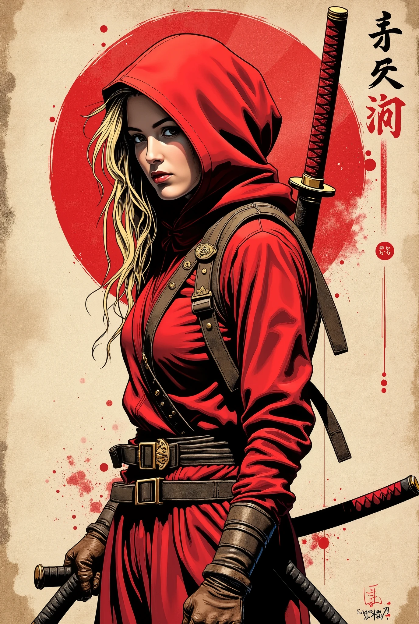 Young western ninja. She looks down seriously. batom vermelho. Vista de frente. The body is effectively curved. seios pequenos. Shoulders are thrown back. The arms are loosely lowered along the body. The head is slightly turned toward the observer. A piece of, wavy blond hair , escaping through the red hood that covers your head and falls over your shoulder. A modern red ninja costume with long sleeves and tight to the body. brown leather gloves . A red katana tied around your back. Sepia image .The background is an old wall, gasta e suja, once painted white. Caligrafia japonesa , Hieroglyphs. A large stylized red ensö, carelessly painted with a large brush. Cuts and splashes of red ink. The texture of the worn wood . long splashes of dirt They scratched the entire surface of the lower part. The overall artistic style is colorful and slightly rough, como um velho, beaten poster. The color scheme is soft and dark. The emphasis is on the details and the feeling of calm, poder. Conecte-se, No estilo samurai, ink graphics. linhas de movimento, Framed within a frame. obra-prima, super detalhe, 8k
