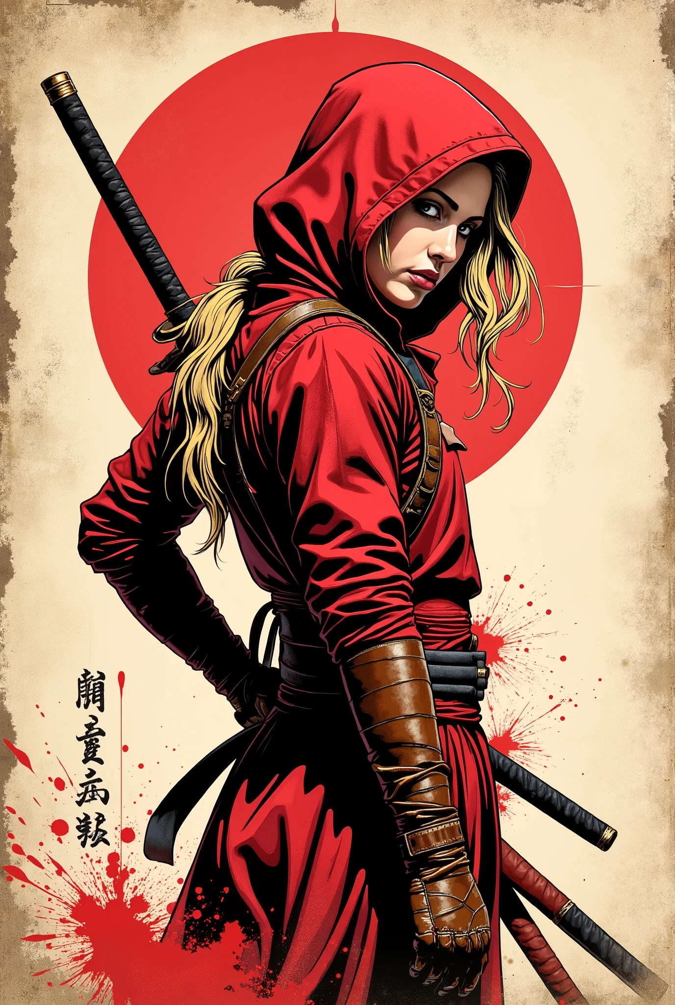 Young western ninja. She looks down seriously. batom vermelho. Vista de frente. The body is effectively curved. seios pequenos. Shoulders are thrown back. The arms are loosely lowered along the body. The head is slightly turned toward the observer. A piece of, wavy blond hair , escaping through the red hood that covers your head and falls over your shoulder. A modern red ninja costume with long sleeves and tight to the body. brown leather gloves . A red katana tied around your back. Sepia image .The background is an old wall, gasta e suja, once painted white. Caligrafia japonesa , Hieroglyphs. A large stylized red ensö, carelessly painted with a large brush. Cuts and splashes of red ink. The texture of the worn wood . long splashes of dirt They scratched the entire surface of the lower part. The overall artistic style is colorful and slightly rough, como um velho, beaten poster. The color scheme is soft and dark. The emphasis is on the details and the feeling of calm, poder. Conecte-se, No estilo samurai, ink graphics. linhas de movimento, Framed within a frame. obra-prima, super detalhe, 8k